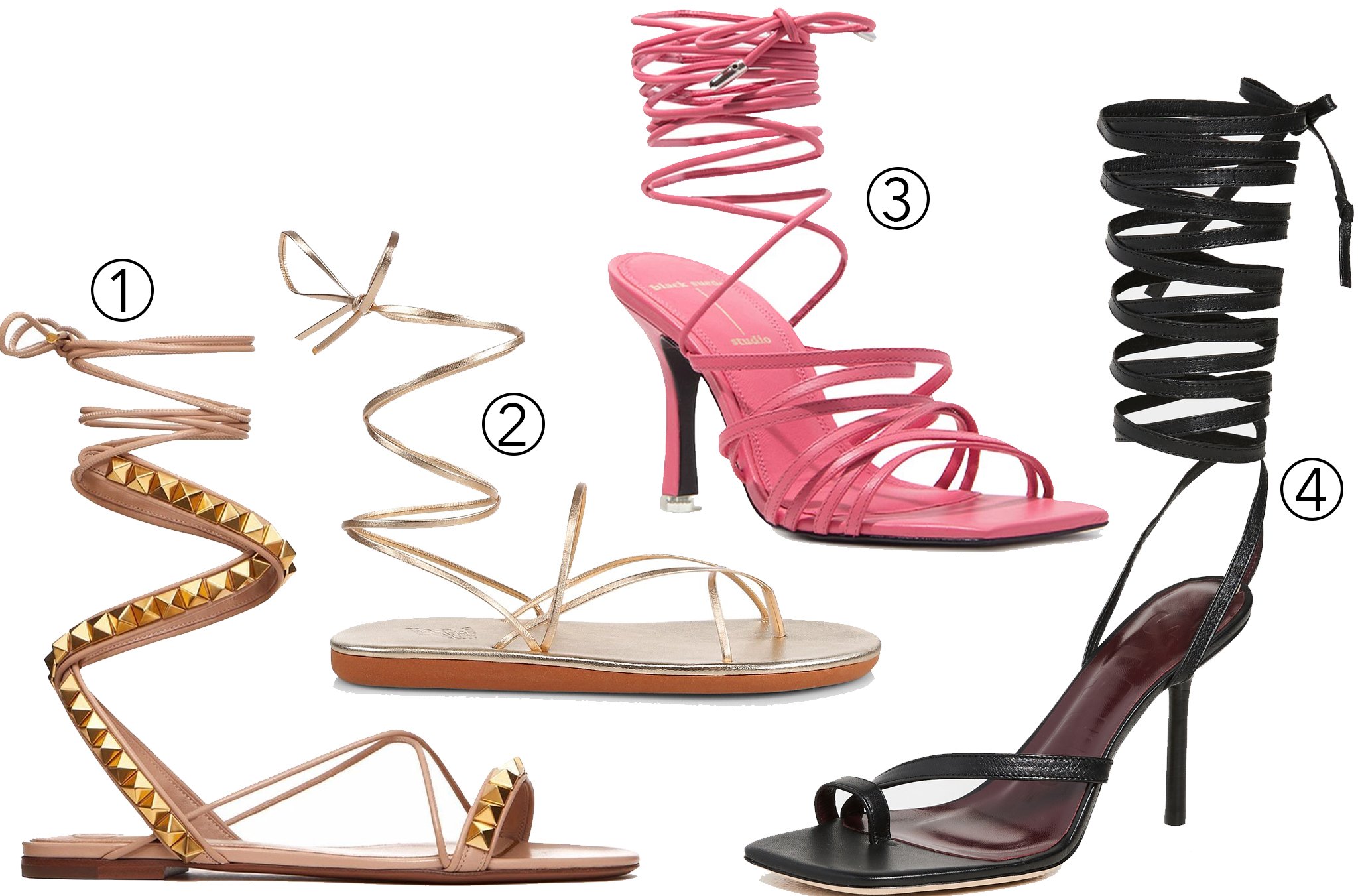 From Timeless to Trendsetting: 1. Valentino's Rockstud finesse; 2. Ancient Greek Sandals' wraparound flatforms; 3. Black Suede Studio's Lana elegance; 4. Staud's Nicola heels