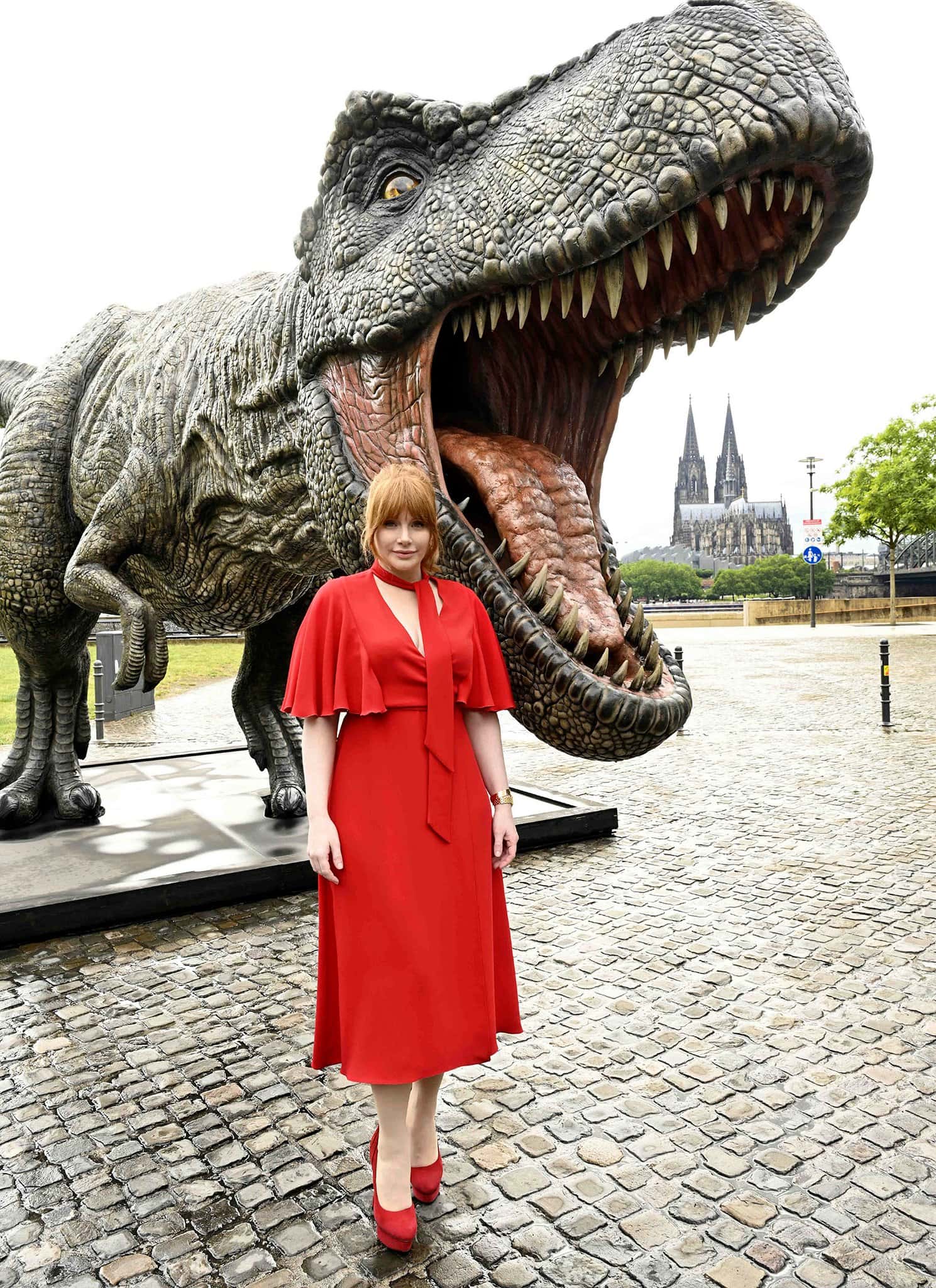 ryce Dallas Howard attends the photocall for Jurassic World: Dominion in a plunging red dress in Cologne, Germany on June 3, 2022
