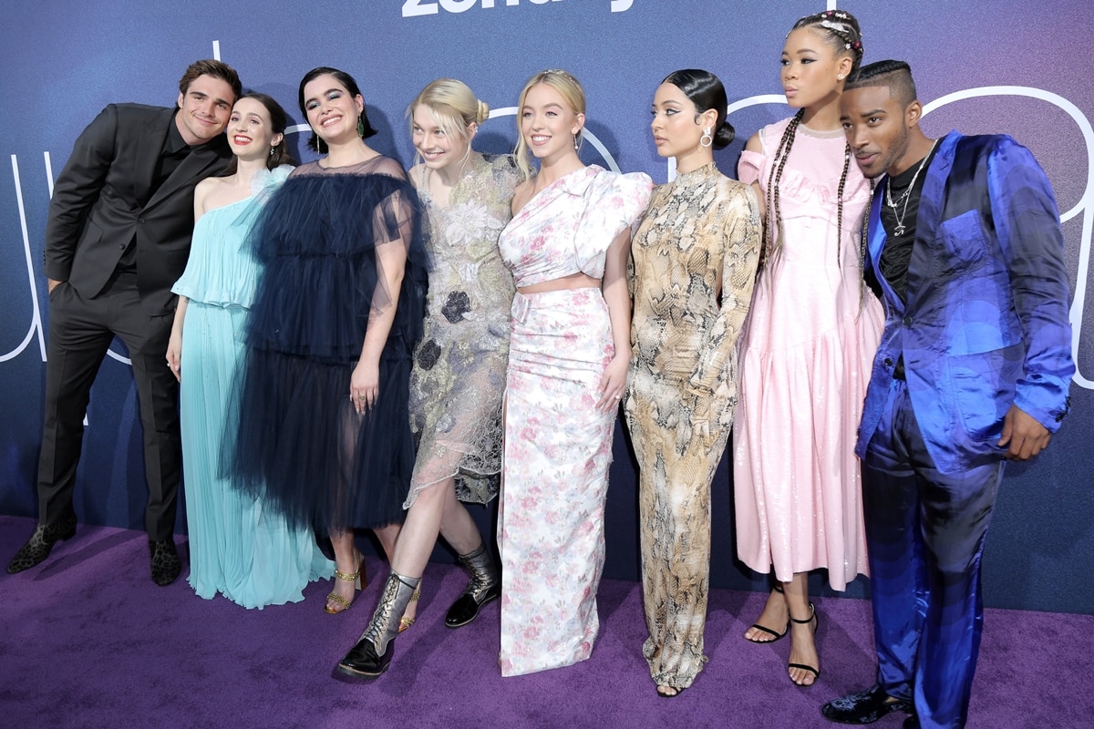 Jacob Elordi, Maude Apatow, Barbie Ferreira, Hunter Schafer, Sydney Sweeney, Alexa Demie, Storm Reid, and Algee Smith attend HBO's "Euphoria" premiere