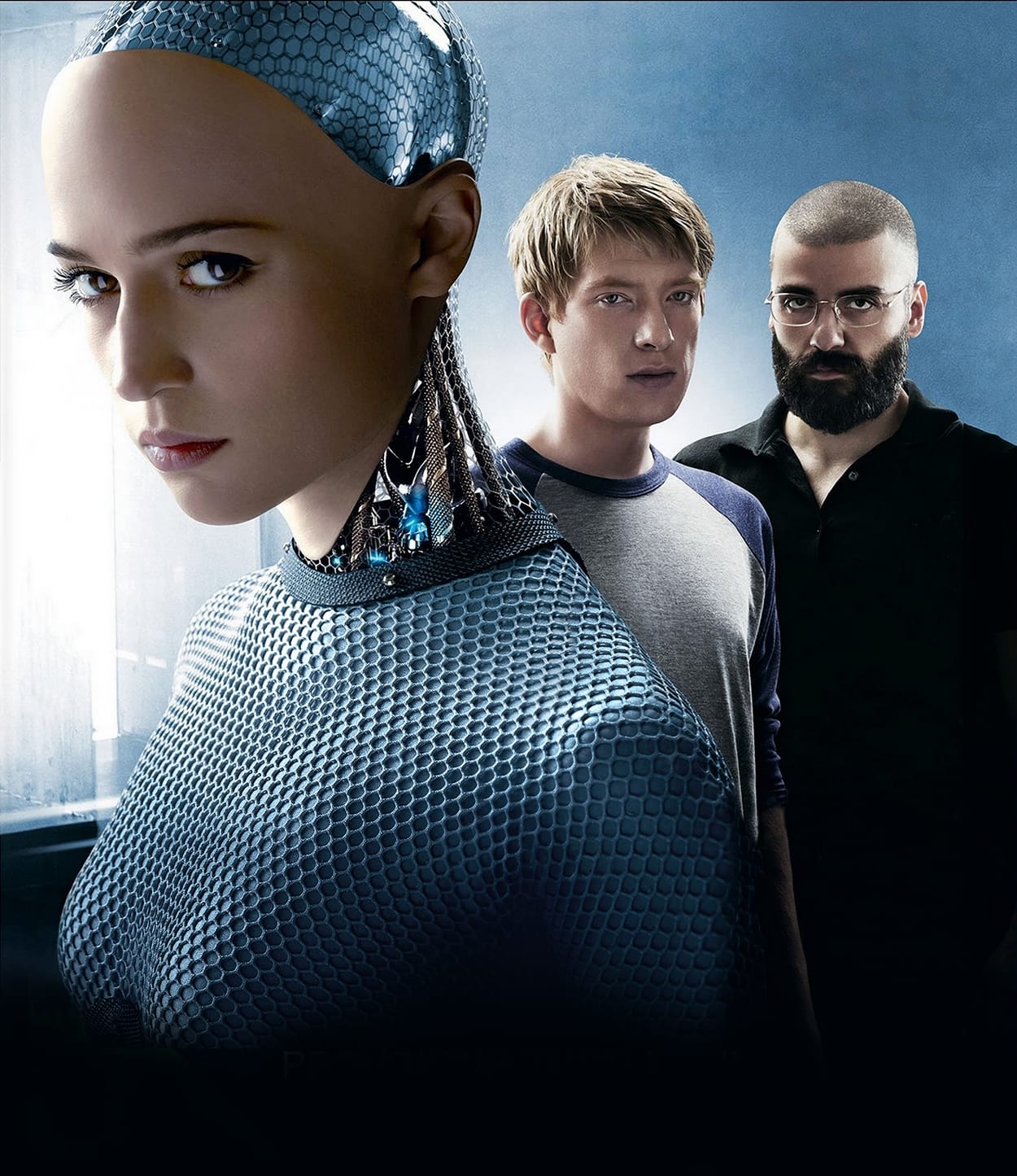 Domhnall Gleeson as programmer Caleb Smith, Alicia Vikander as artificial intelligence Ava, and Oscar Isaac as company CEO Nathan Bateman in the 2014 science fiction film Ex Machina