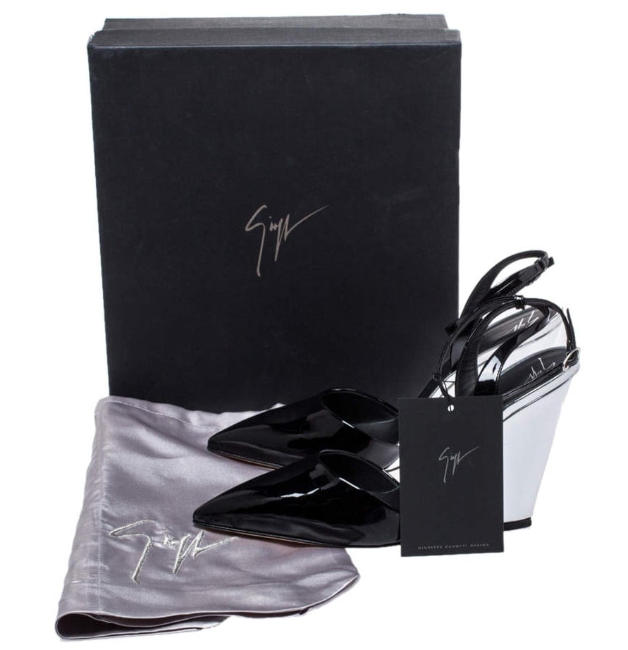 Giuseppe Zanotti shoes come in a black box with a silver logo and a silky silver dust bag 