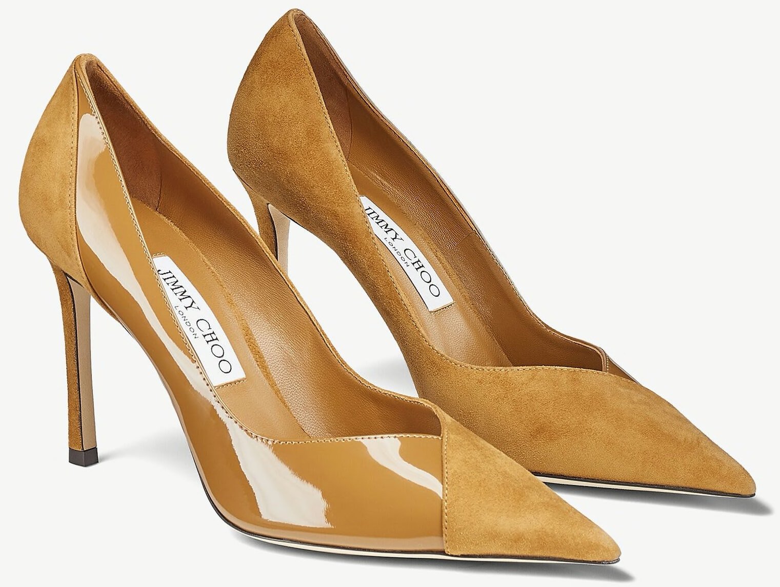These Jimmy Choo pumps are done in an edgy combination of beige patent and suede materials