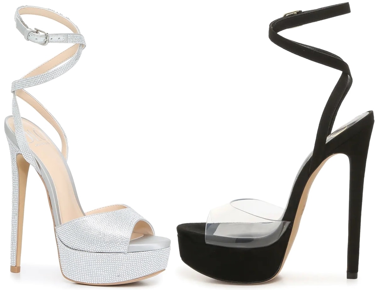 These silver metallic and black sandals feature front platforms and towering stiletto heels