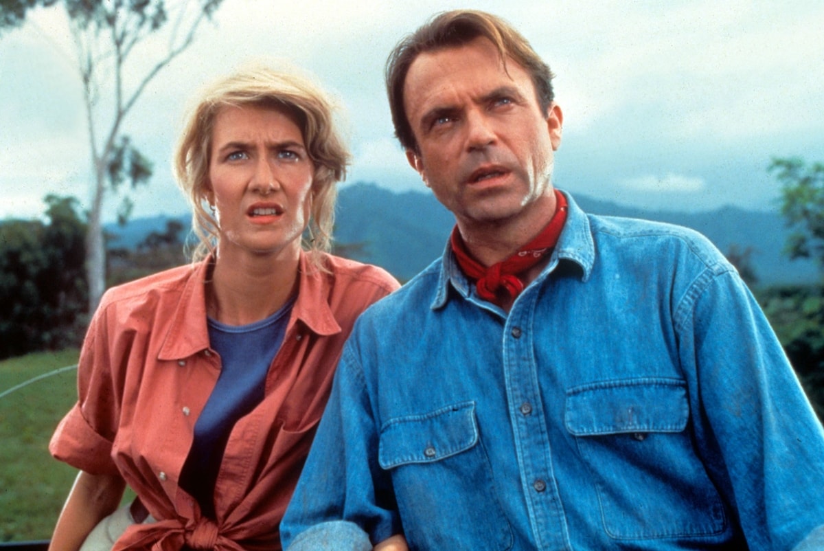 Sam Neill as Dr. Alan Grant and Laura Dern as Dr. Ellie Sattler in the 1993 American science fiction action film Jurassic Park