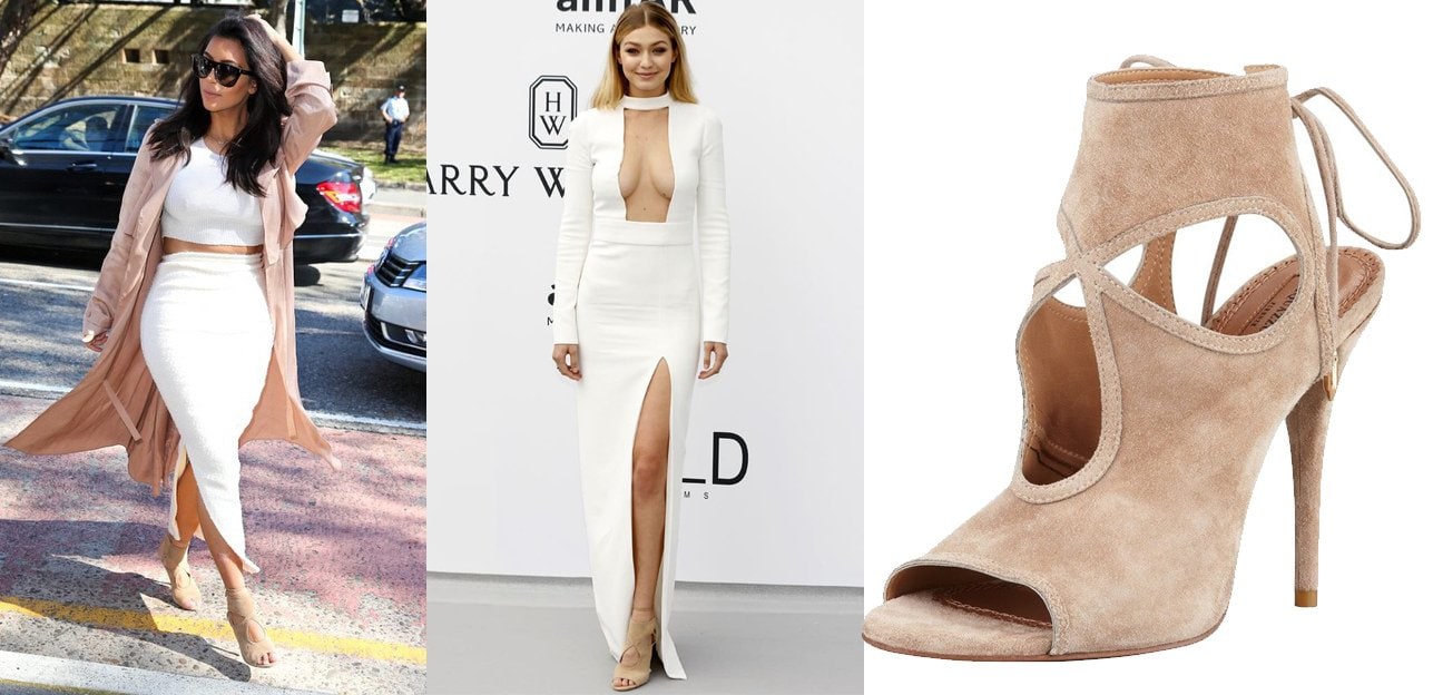 Kim Kardashian and Gigi Hadid wearing the Aquazzura Sexy Things, which was a boot and sandal hybrid