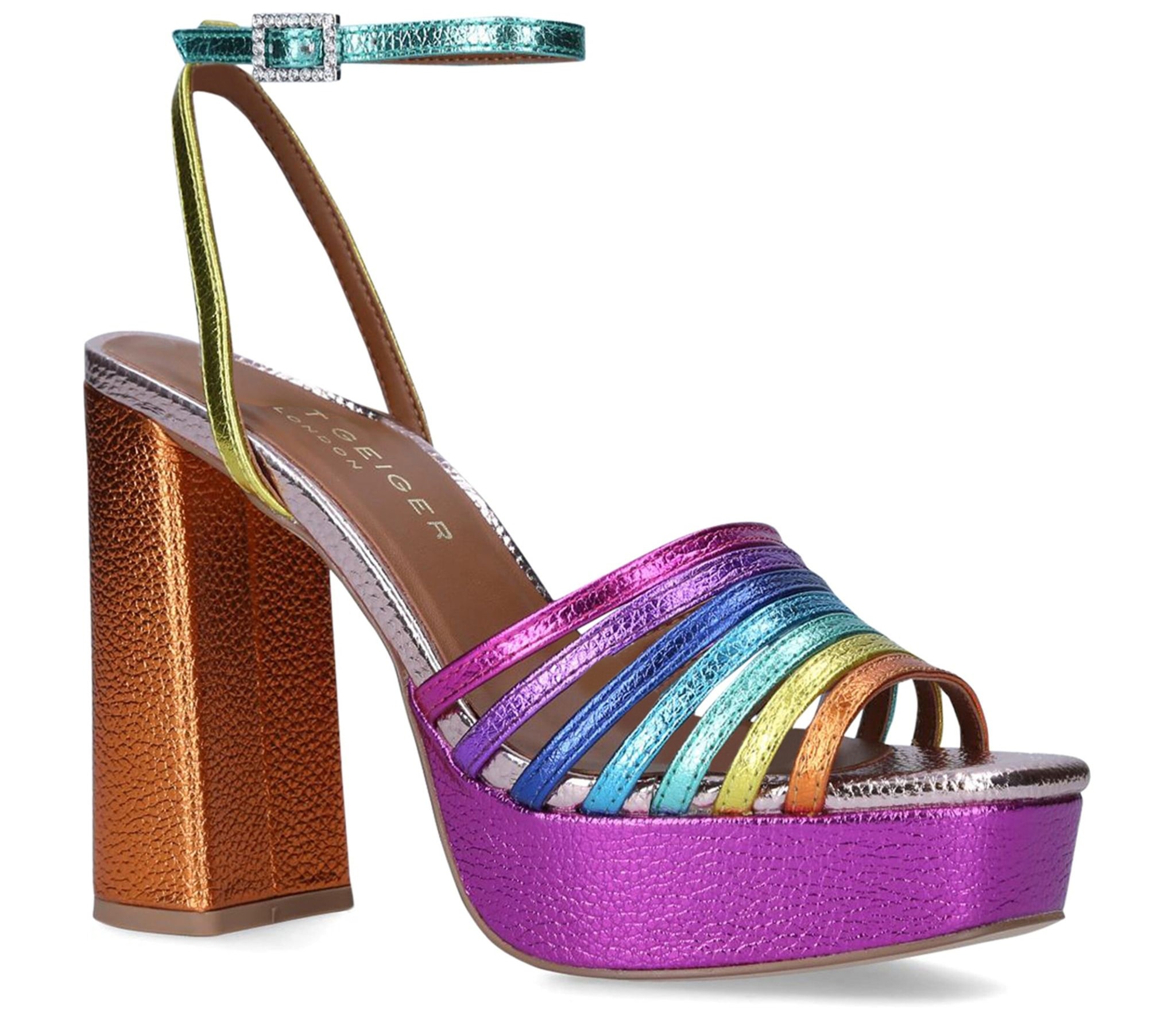 The Kurt Geiger Pierra sandals feature metallic multicolored straps, platforms, and block heels