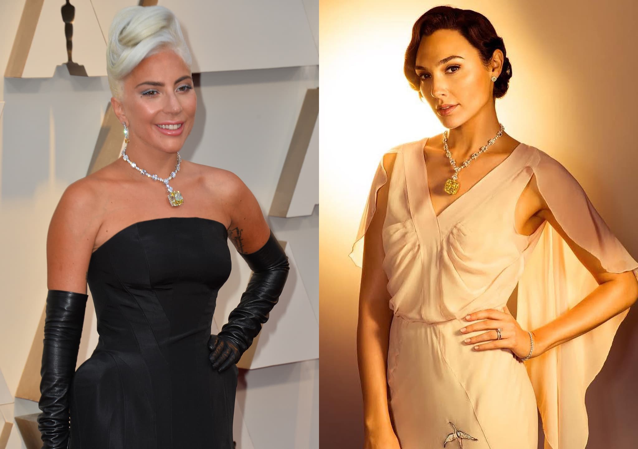 Lady Gaga and Gal Gadot wearing the iconic Tiffany & Co. 128.54-carat Tiffany Diamond necklace
