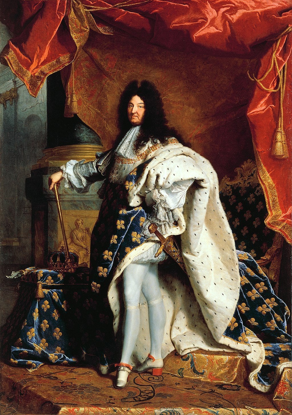 A portrait of Louis XIV in a pair of heels as a sign of nobility, painted by Hyacinthe Rigaud in 1701