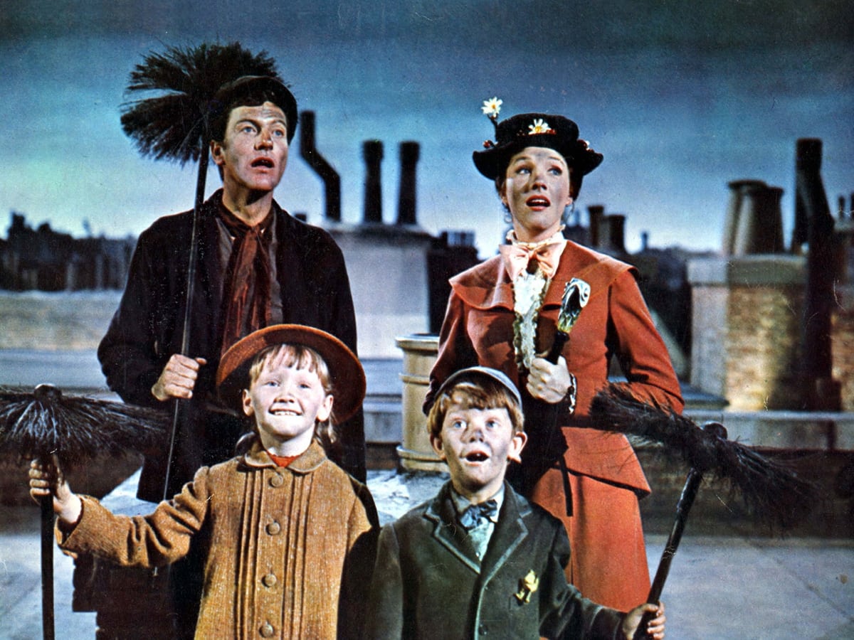 Julie Andrews as Mary Poppins, Dick Van Dyke as Bert, Karen Dotrice as Jane Banks, and Matthew Garber as Michael Banks in the musical film based on P. L. Travers's book series Mary Poppins