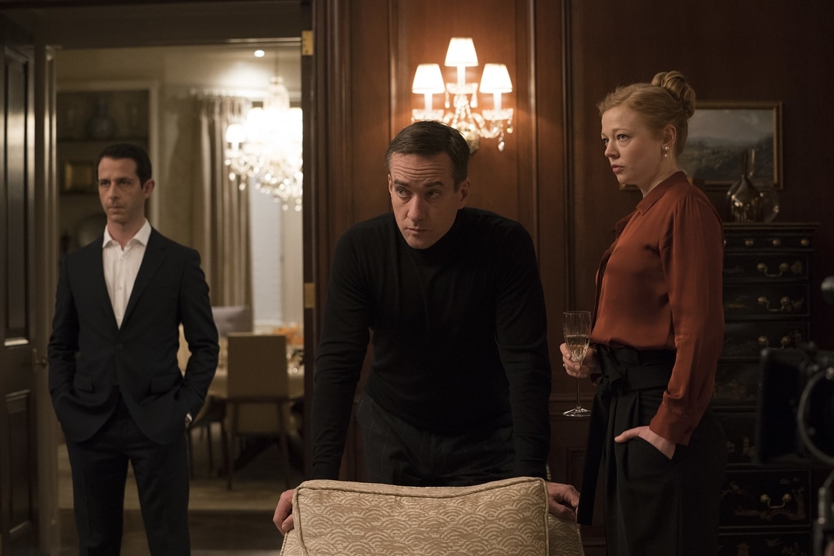 Sarah Snook as Siobhan 'Shiv' Roy, Matthew Macfadyen as Tom Wambsgans, and Jeremy Strong as Kendall Roy in Succession