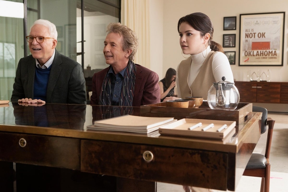 Selena Gomez as Mabel Mora, Steve Martin as Charles-Haden Savage, and Martin Short as Oliver Putnam in the American mystery-comedy streaming television series Only Murders