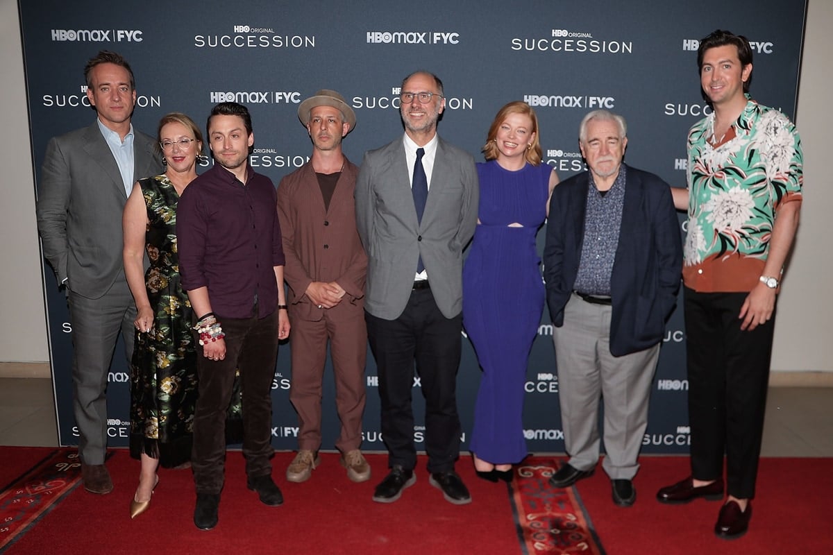 Nicholas Braun (R) towers over his co-stars Matthew Macfadyan, J. Smith Cameron, Kieran Culkin, Jeremy Strong, Jesse Armstrong, Sarah Snook, and Brian Cox at the "Succession" Emmy FYC Screening & Panel