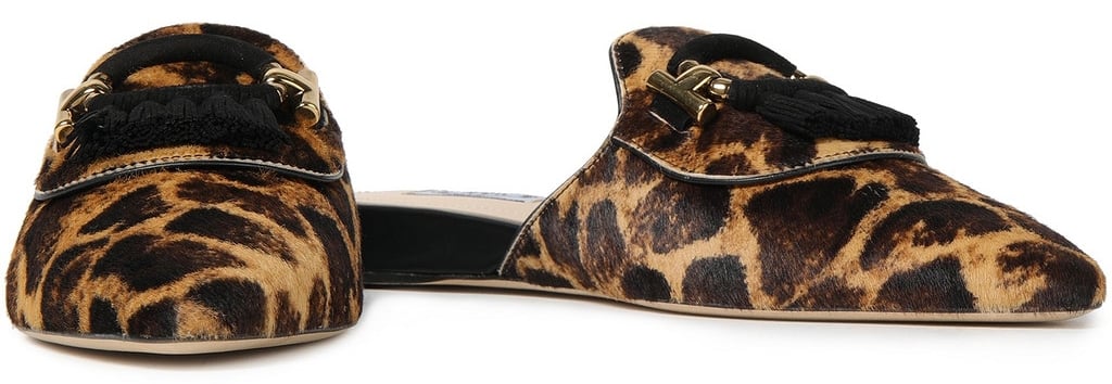 Tod's comfy slippers in striking leopard-print calf hair with tasseled trims