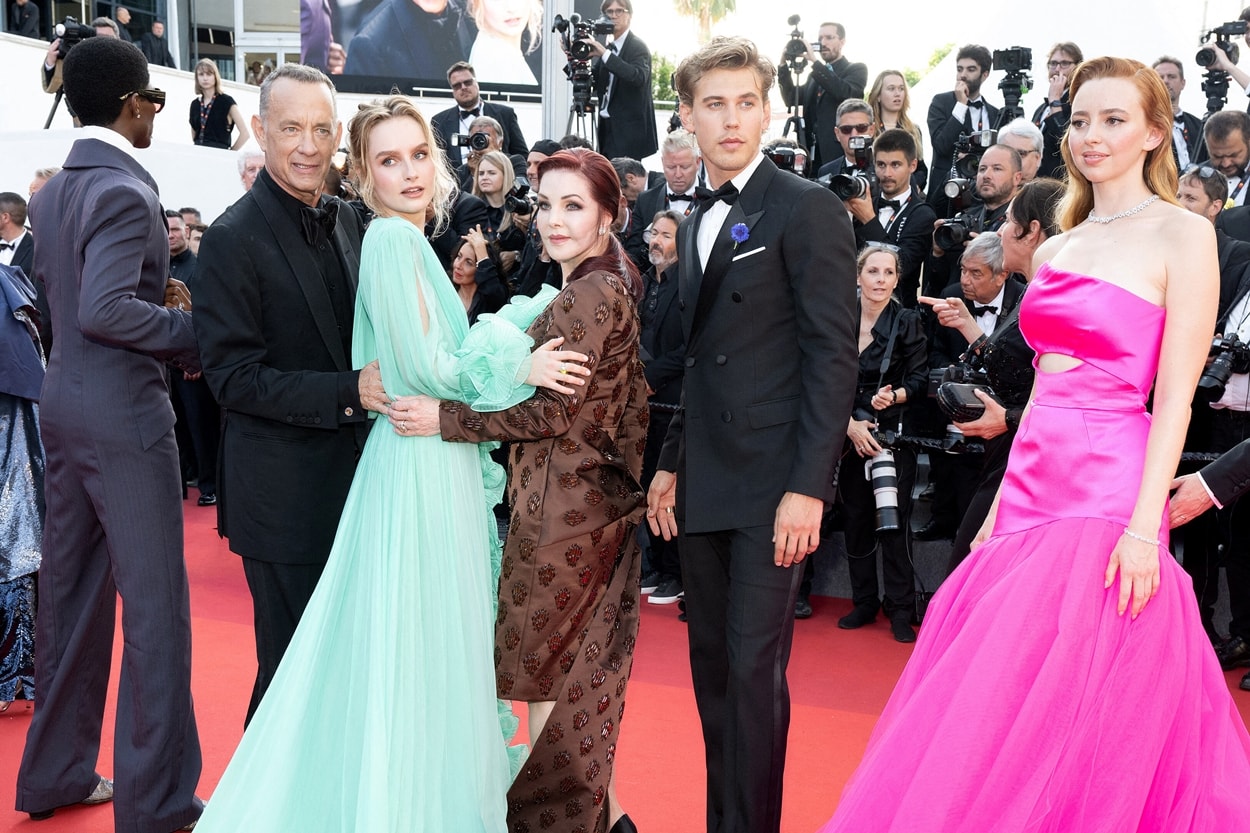 Tom Hanks, Olivia DeJonge, Priscilla Presley, Austin Butler, and Natasha Bassett at the screening of "Elvis" in Cannes
