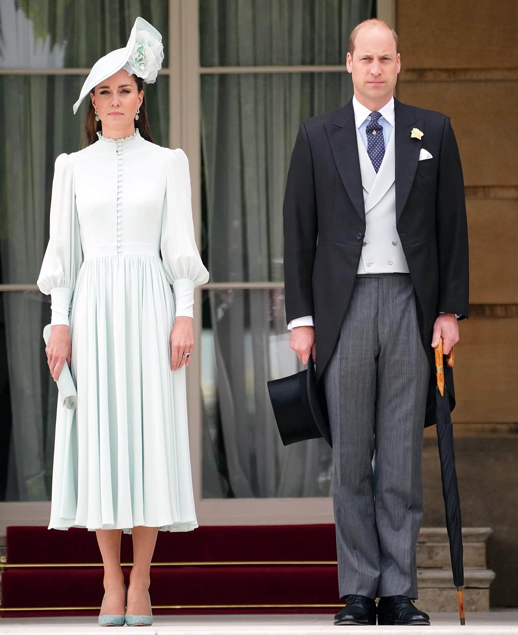 Kate Middleton in a mint green dress with matching Philip Treacy Oc 896 hat and Jimmy Choo Romy pumps at the Royal Garden Party at Buckingham Palace on May 25, 2022