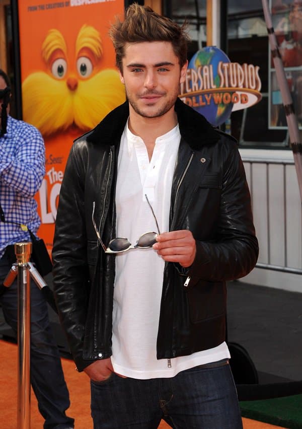 Zac Efron rocks a James Dean-inspired outfit at the premiere of the 2012 American 3D computer-animated musical fantasy comedy film The Lorax