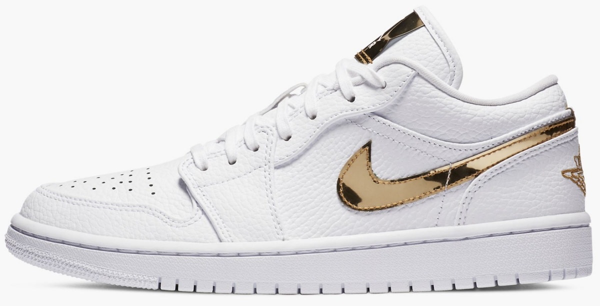 These sneakers feature white leather construction with metallic gold details