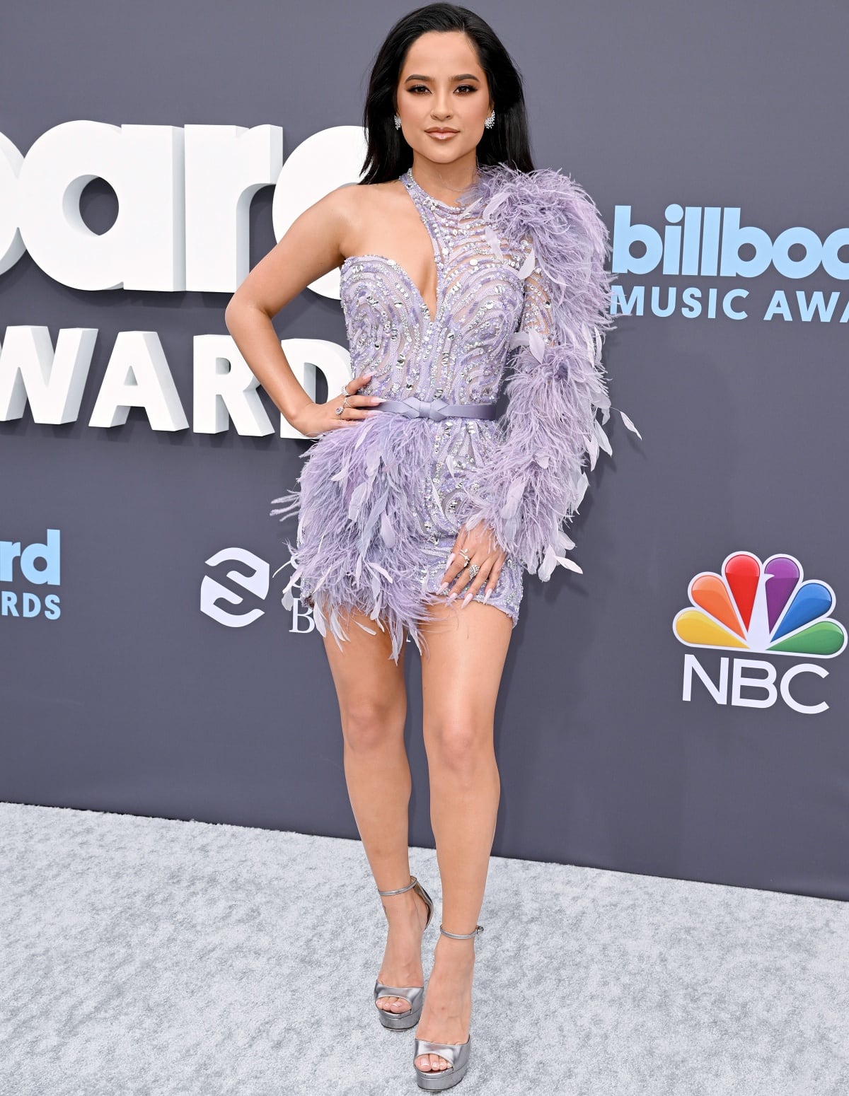 Becky G in a Zuhair Murad dress and silver ankle-strap heels at the 2022 Billboard Music Awards