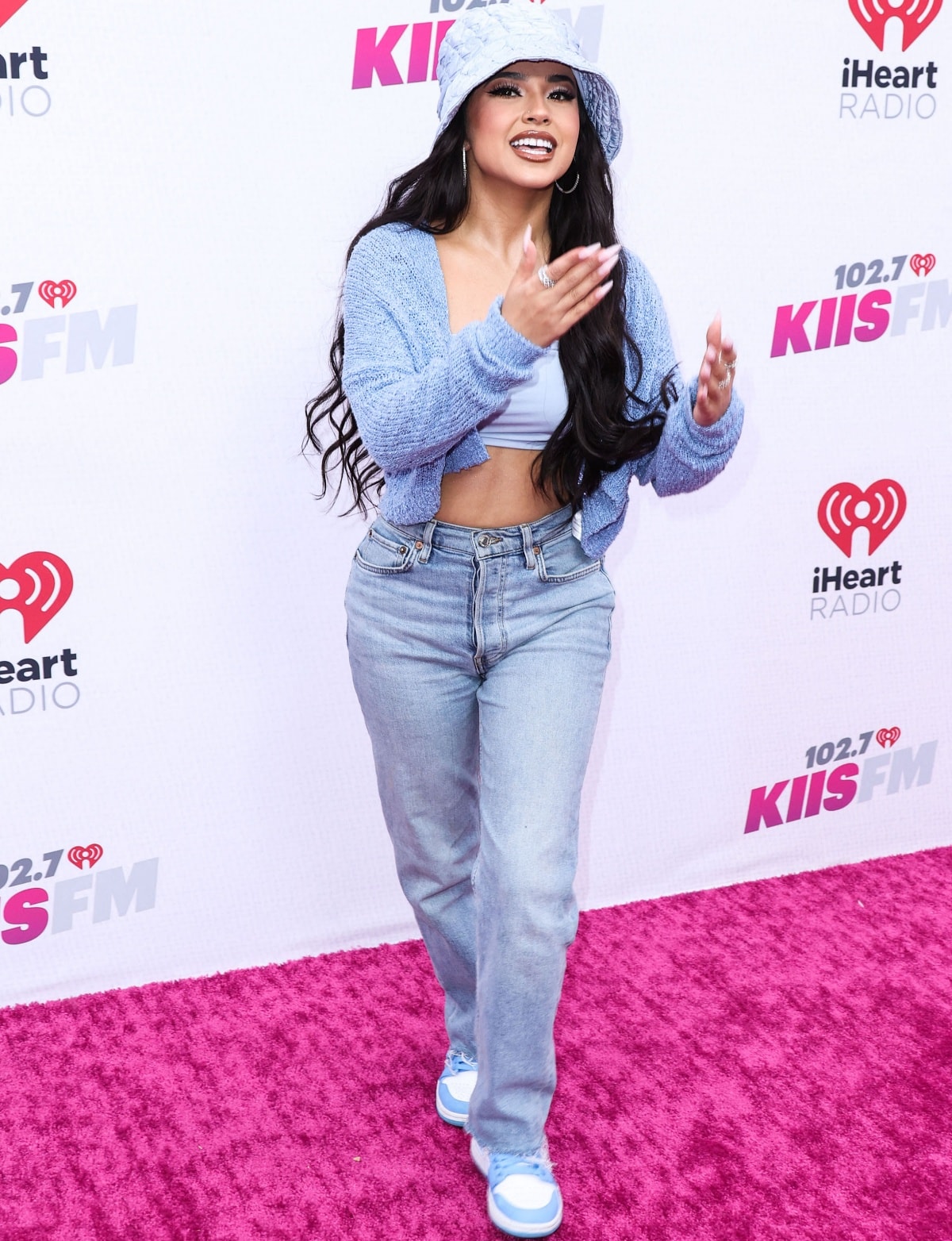 Becky G in an all-blue ensemble on the 2022 iHeartRadio Wango Tango pink carpet