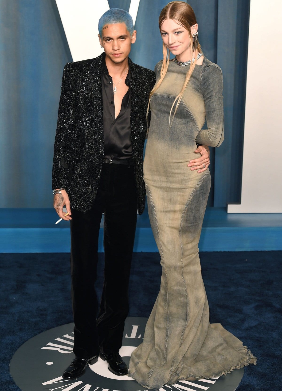Dominic Fike in head-to-toe Saint Laurent and Hunter Schafer in a Rick Owens Fall 2022 dress