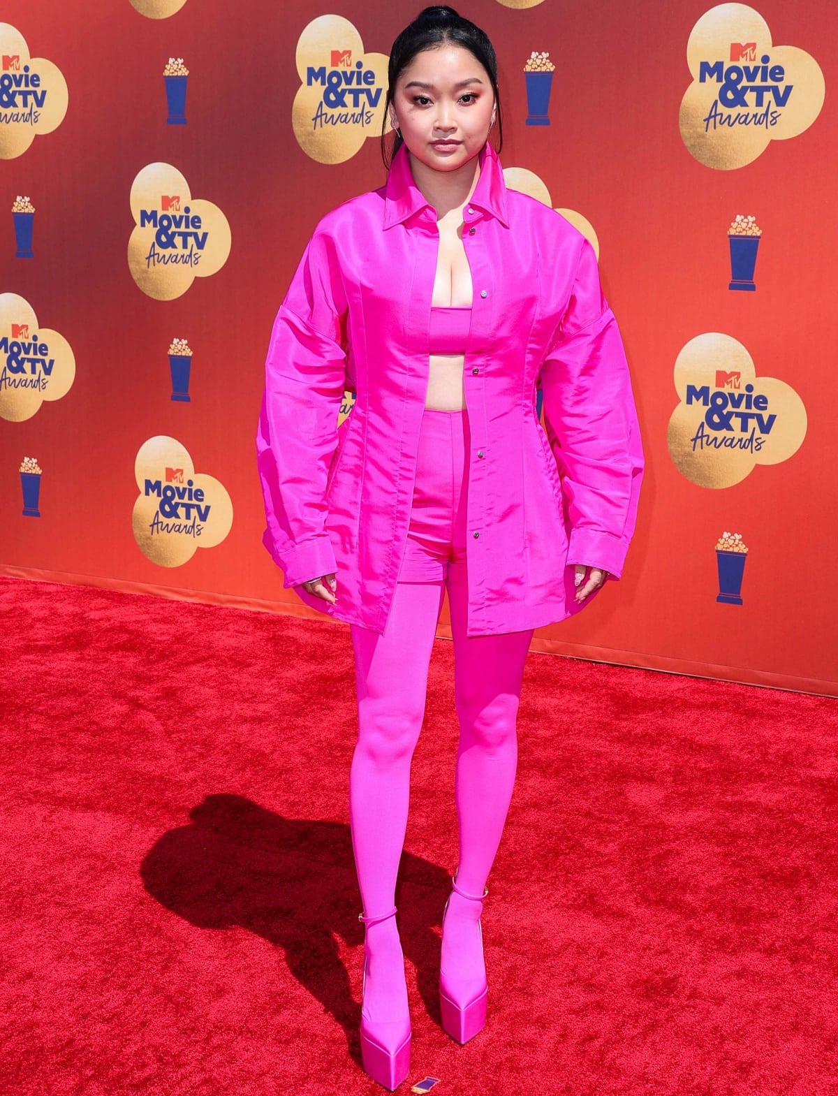 Lana Condor in a Valentino Fall 2022 look with pointed platform heels at the 2022 MTV Movie and TV Awards