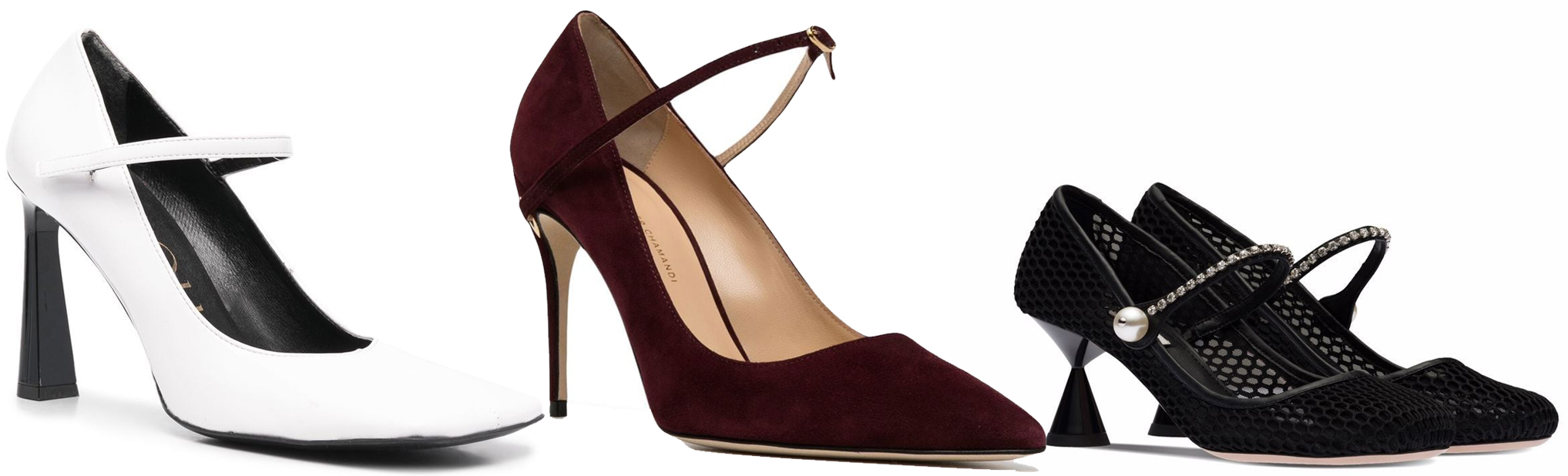 A variety of Mary Jane pumps featuring different styles, such as a white leather option, a sleek burgundy suede design, and a black mesh pair adorned with pearl and rhinestone details