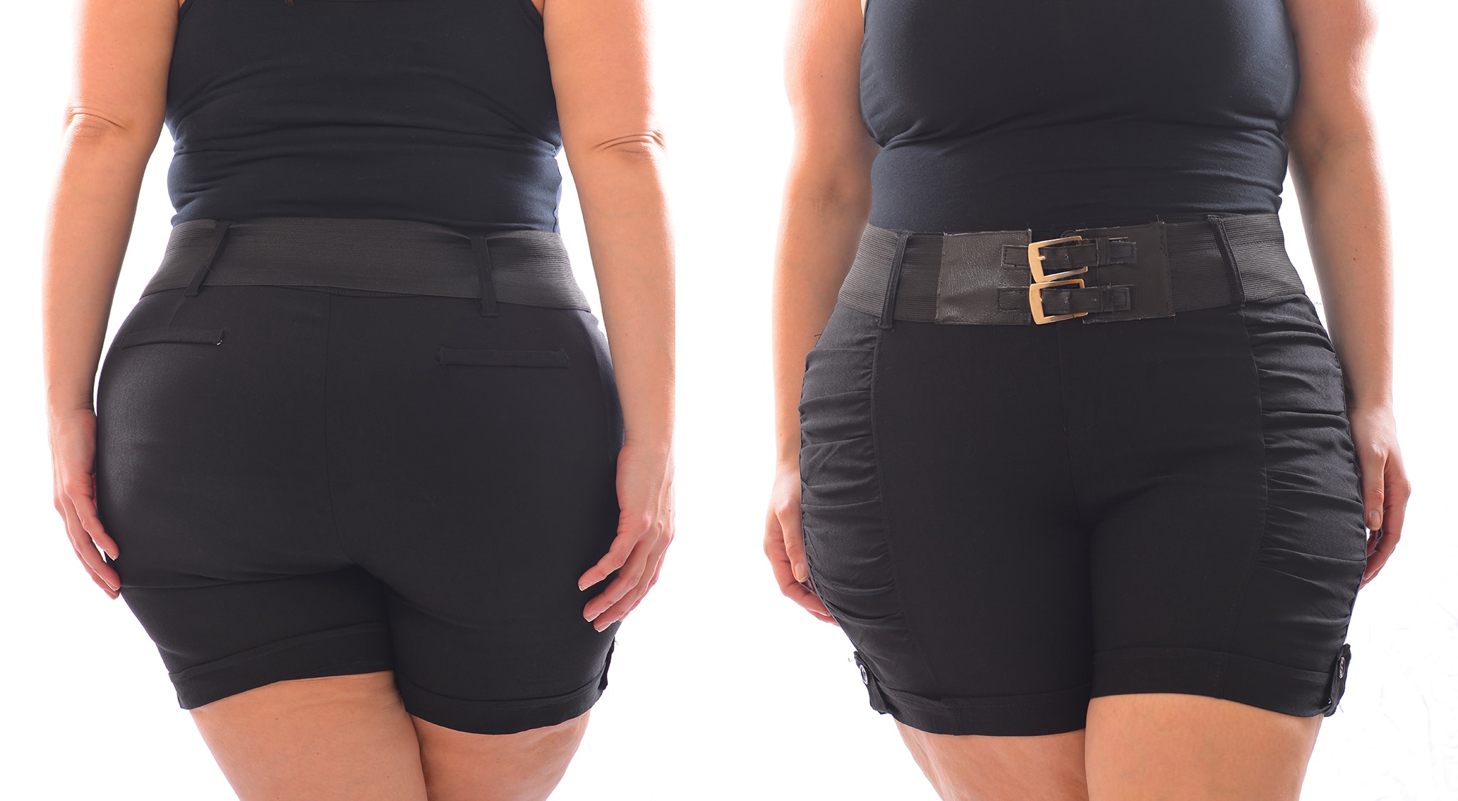 High-rise shorts with longer lengths can help accentuate a plus-size woman's curves