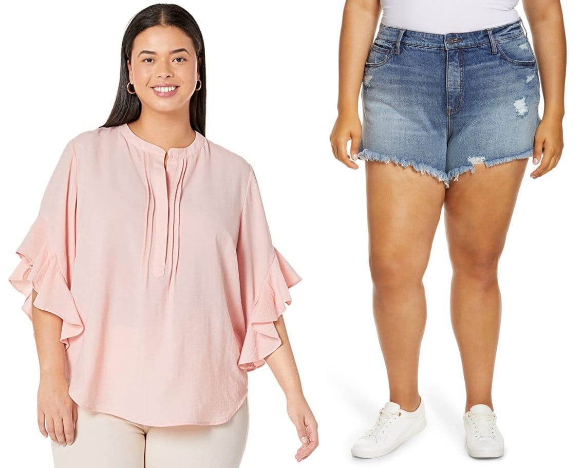 Vince Camuto Plus Size Ruffle Sleeve Henley Blouse; KUT from the Kloth Jane High Waist Distressed Fray Hem Cutoff