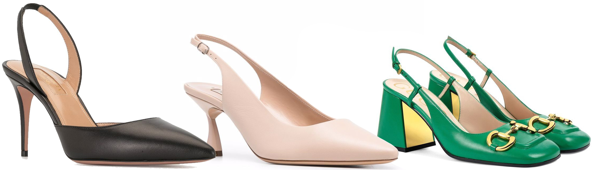 Slingback pumps have an open back design with a back strap and usually come with pointed toes