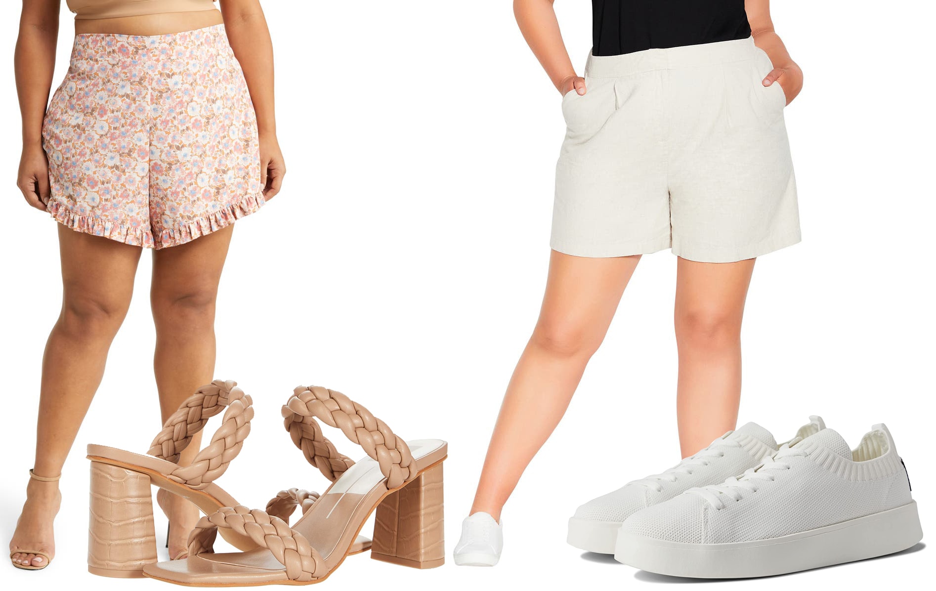 Zelie for She Daisy Floral Ruffle Shorts; Dolce Vita Paily Nude Heels; City Chic Sicilian High Waist Linen & Cotton Shorts; ECOALF Elioalf Knit Sneakers