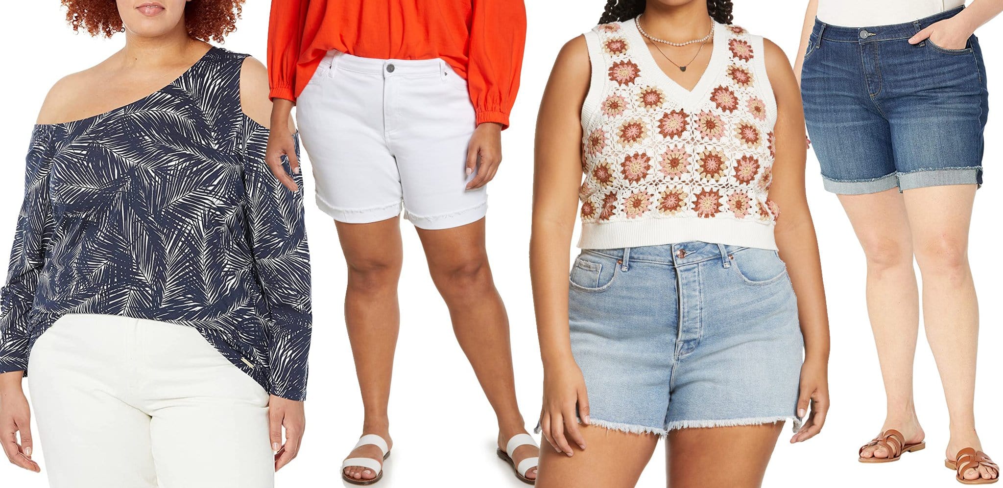 MICHAEL Michael Kors Plus Size Palm Asymmetric Cold-Shoulder Top; KUT from the Kloth Catherine Boyfriend Denim Shorts; BP. Crochet Cotton Sweater Tank; KUT from the Kloth Plus Size Catherine Boyfriend Jean Shorts