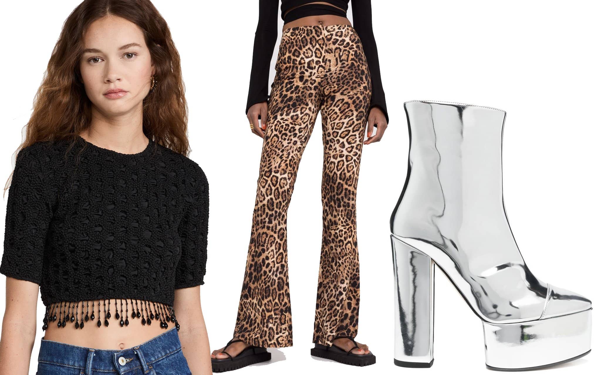 Ganni Smocked Satin Top; Pinko Leopard-Print Flared Trousers; Nº21 Metallic Platform Boots
