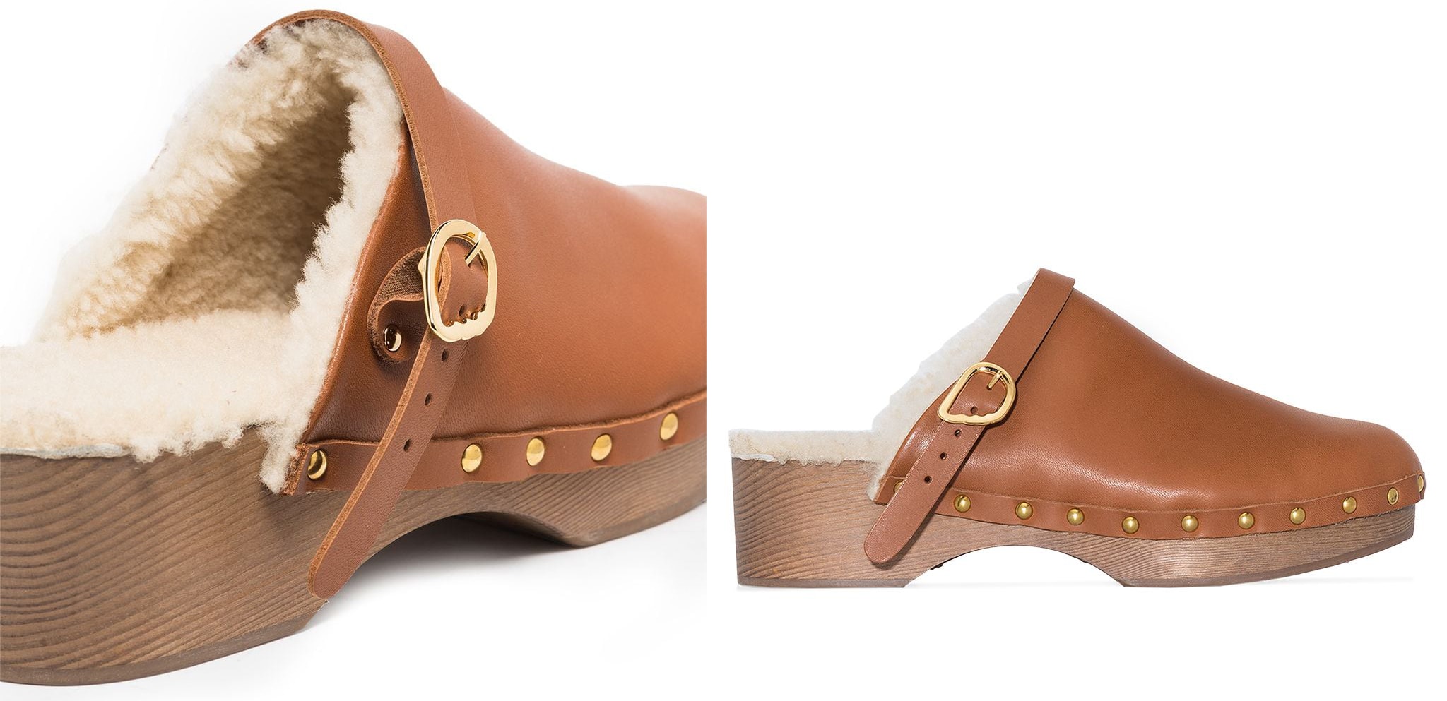 Handmade from brown leather, these Spring/Summer 2022 clogs have gold-tone studs along the sides and a buckle-fastening strap for a practical fit