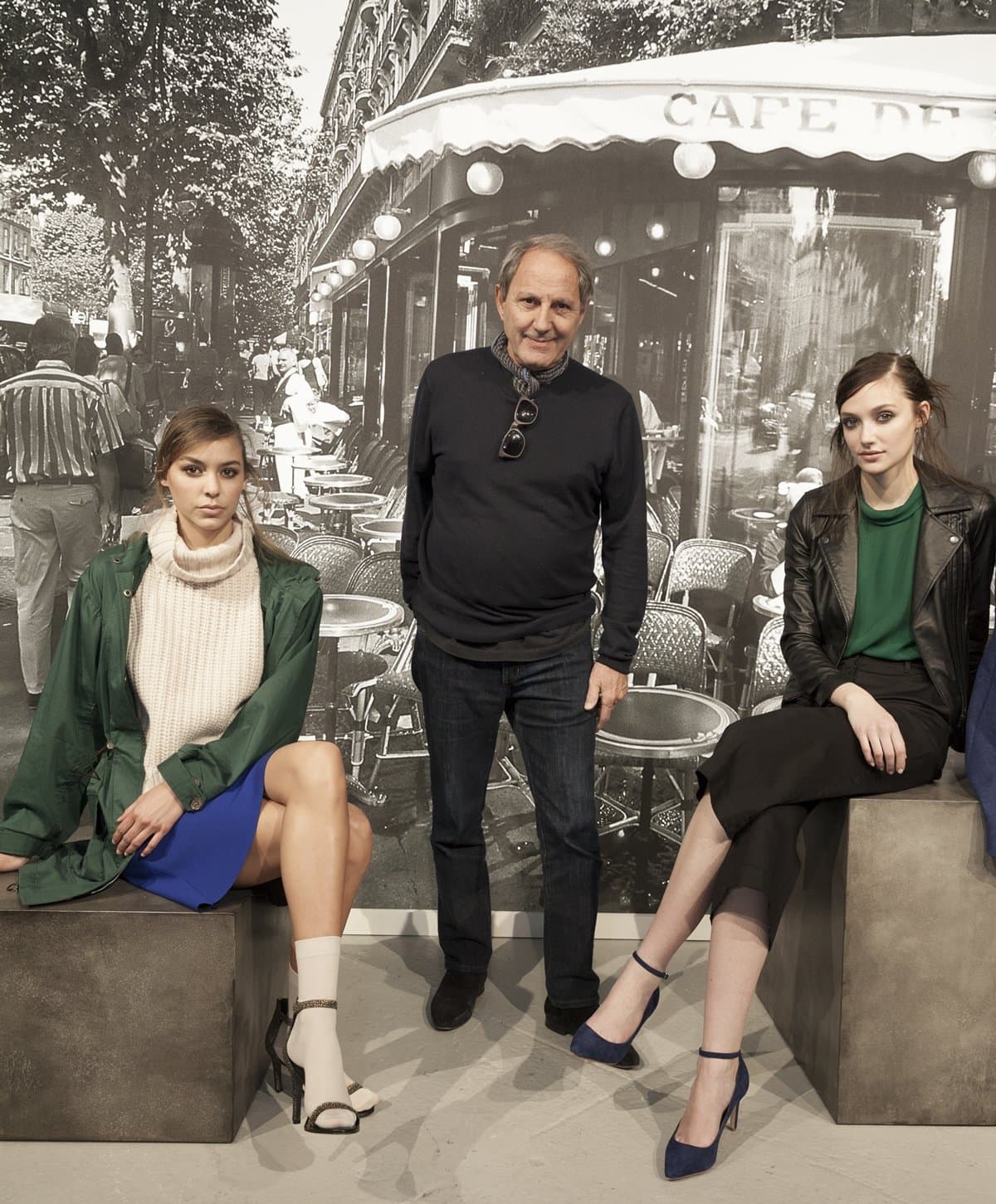 Joie's founder Serge Azria poses with models at the Joie presentation during Mercedes-Benz Fashion Week Fall 2014