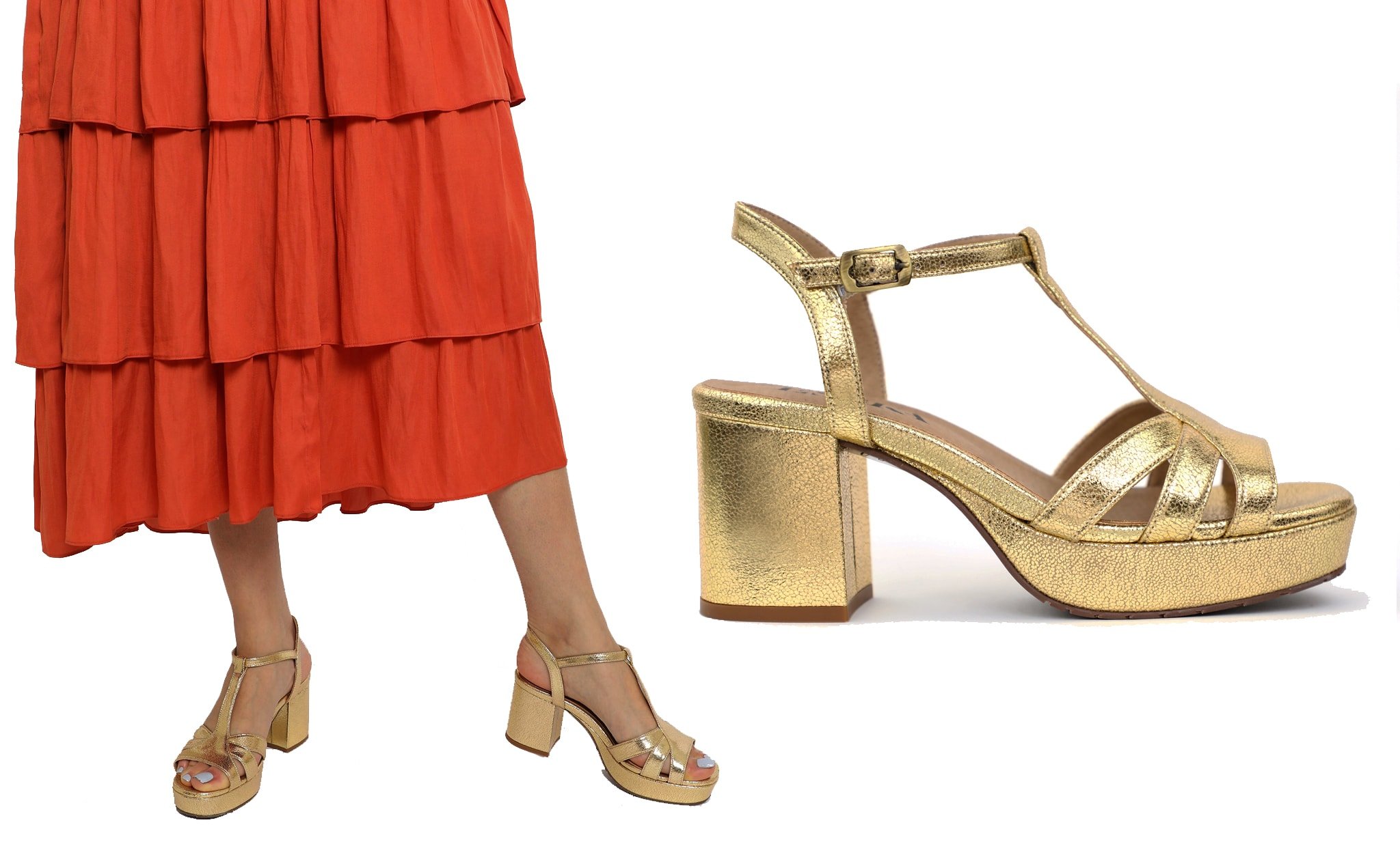 Giving a nod to the '70s, Esska's Charlie gold sandals feature a T-bar design, 3-inch block heel, and 1-inch platform