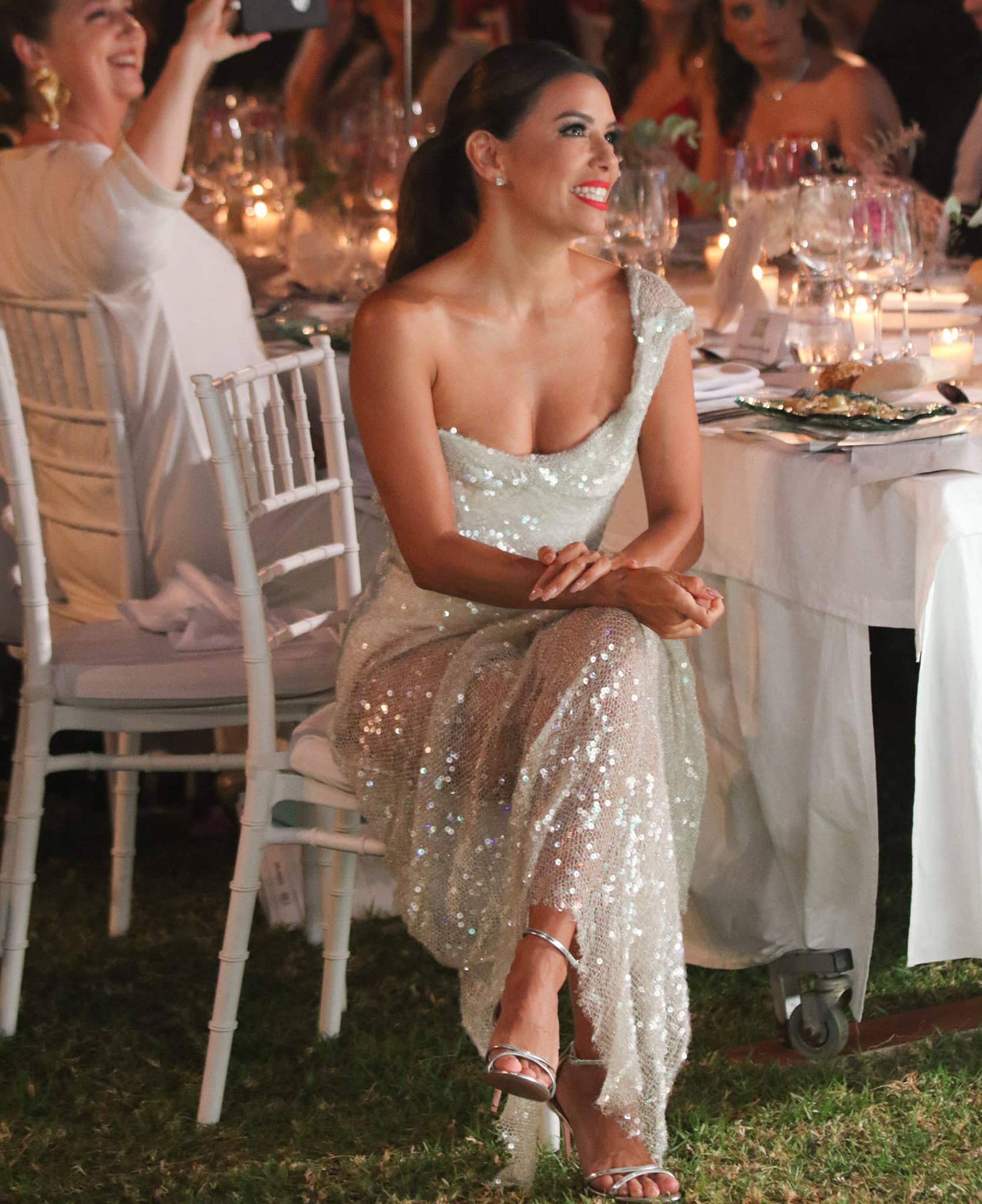 Eva Longoria flaunts her legs and boobs in the Toni Maticevski Lovelorn embellished tulle gown