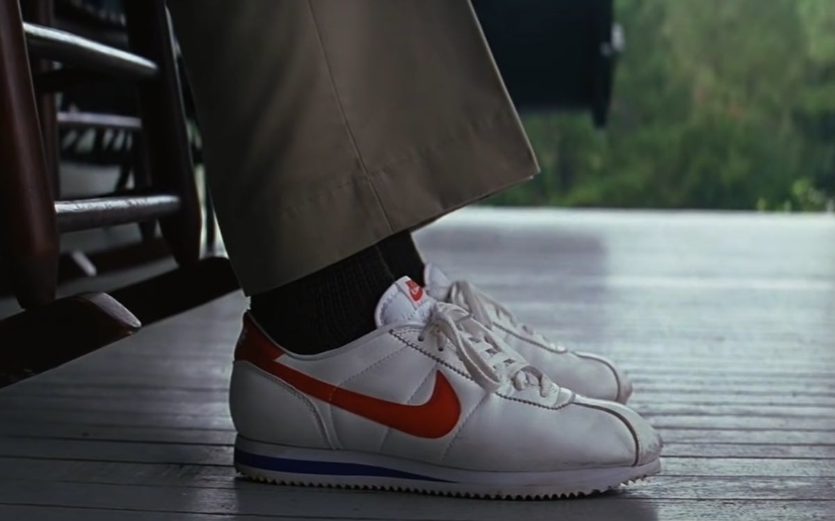 Tom Hanks as Forrest Gump wears leather Nike Classic Cortez shoes in the 1994 American comedy-drama film Forrest Gump