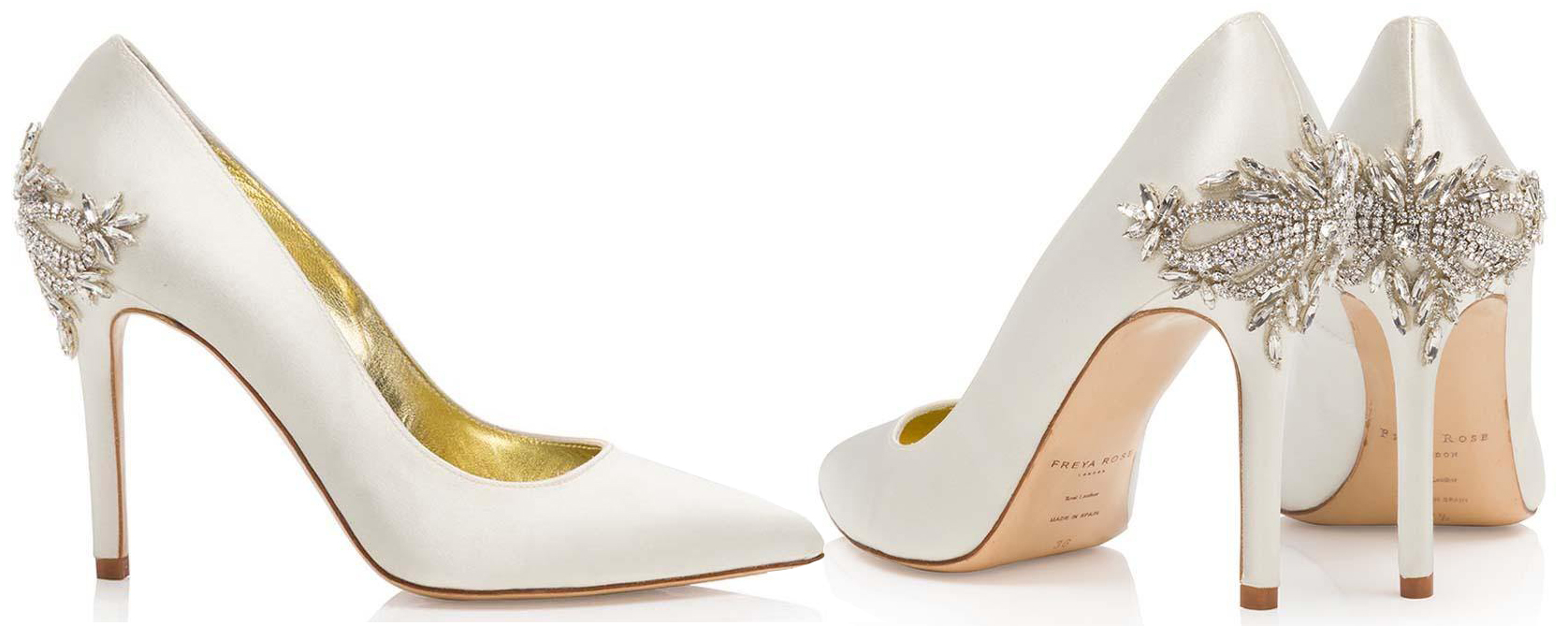 Perfect for shorter wedding dresses, Freya Rose's Celine ivory silk-satin pumps have romantic hand-embellished crystals on the heels