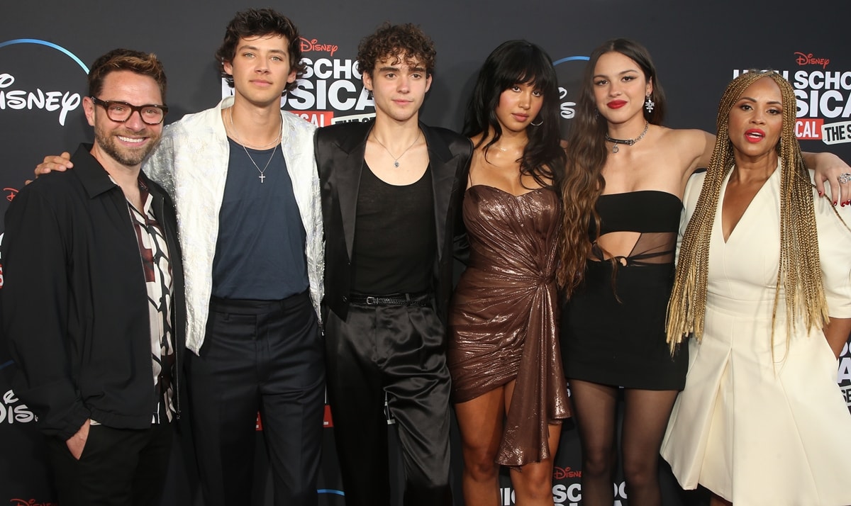 Executive producer Tim Federle, Matt Cornett, Joshua Bassett, Sofia Wylie, Olivia Rodrigo, and Ayo Davis, president of Disney Branded Television, attend Disney+ “High School Musical: The Musical: The Series” Season 3 Premiere