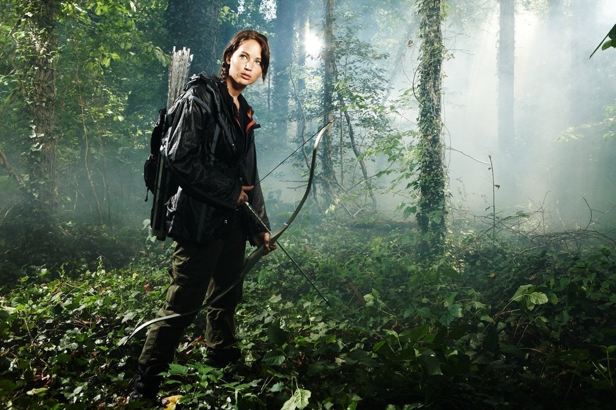 Jennifer Lawrence as teenage heroine Katniss Everdeen in the 2012 American dystopian action film The Hunger Games