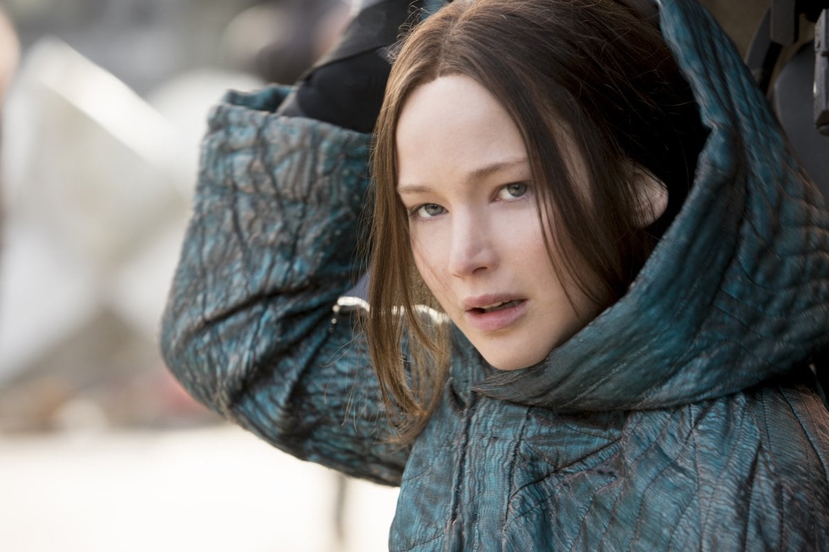 Jennifer Lawrence as Katniss Everdeen in the 2015 American dystopian science fiction adventure film The Hunger Games: Mockingjay – Part 2