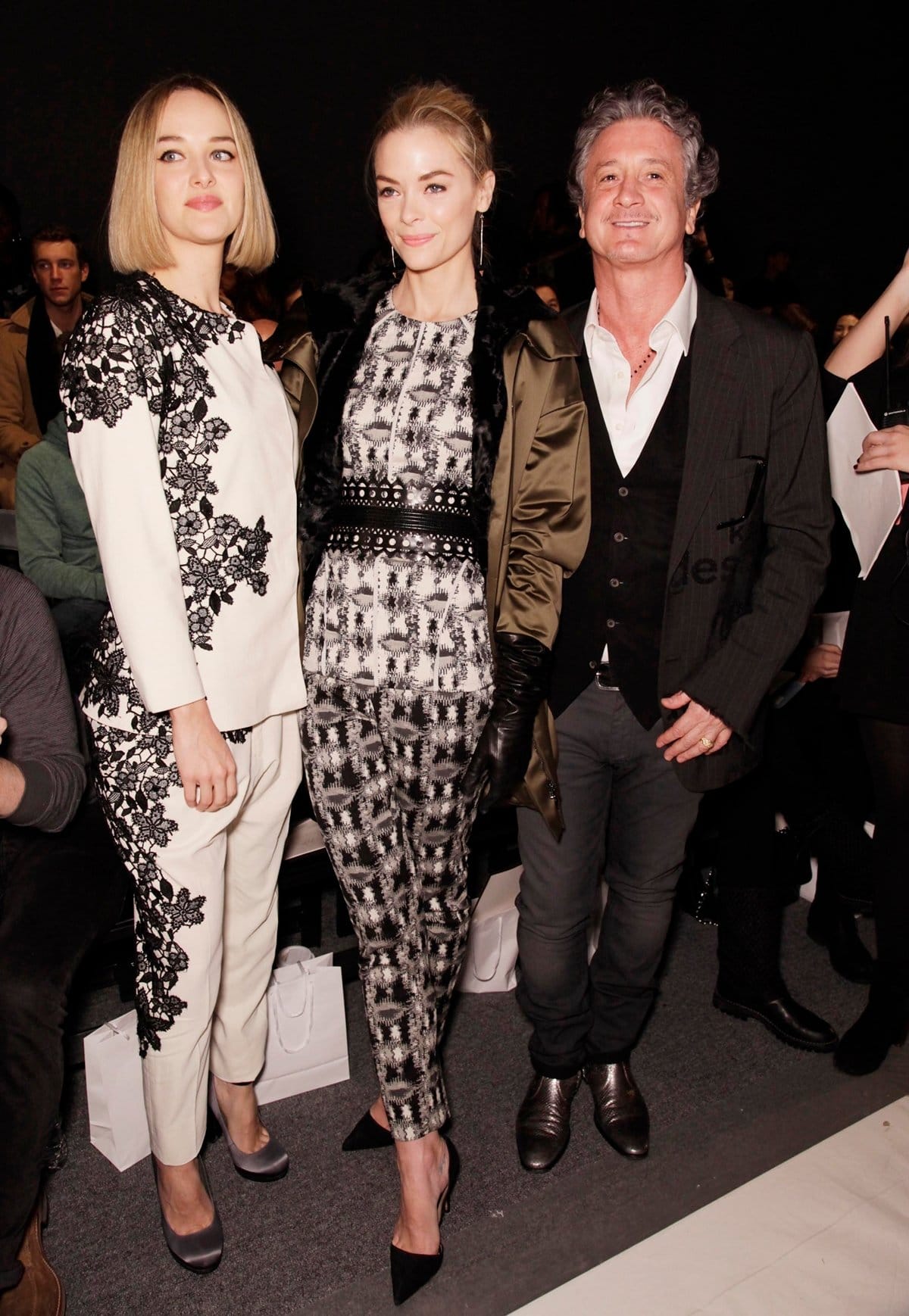 Actress Jess Weixler, actress Jaime King, and shoe designer Jean-Michel Cazabat attend the Lela Rose Fall 2013 Mercedes-Benz Fashion Show