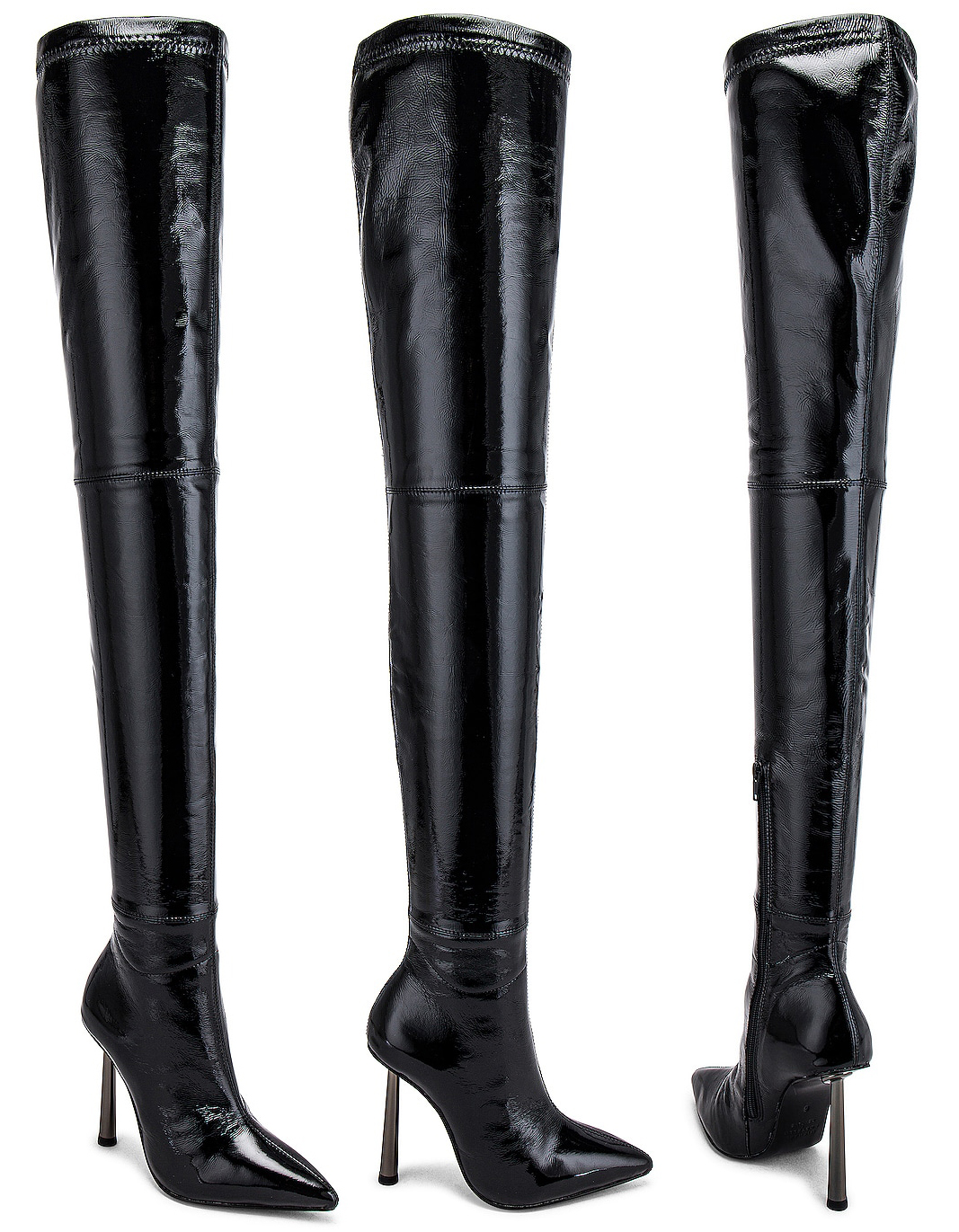 The Marian boots are designed from supple patent leather with a super high over-the-knee styling and metal heels