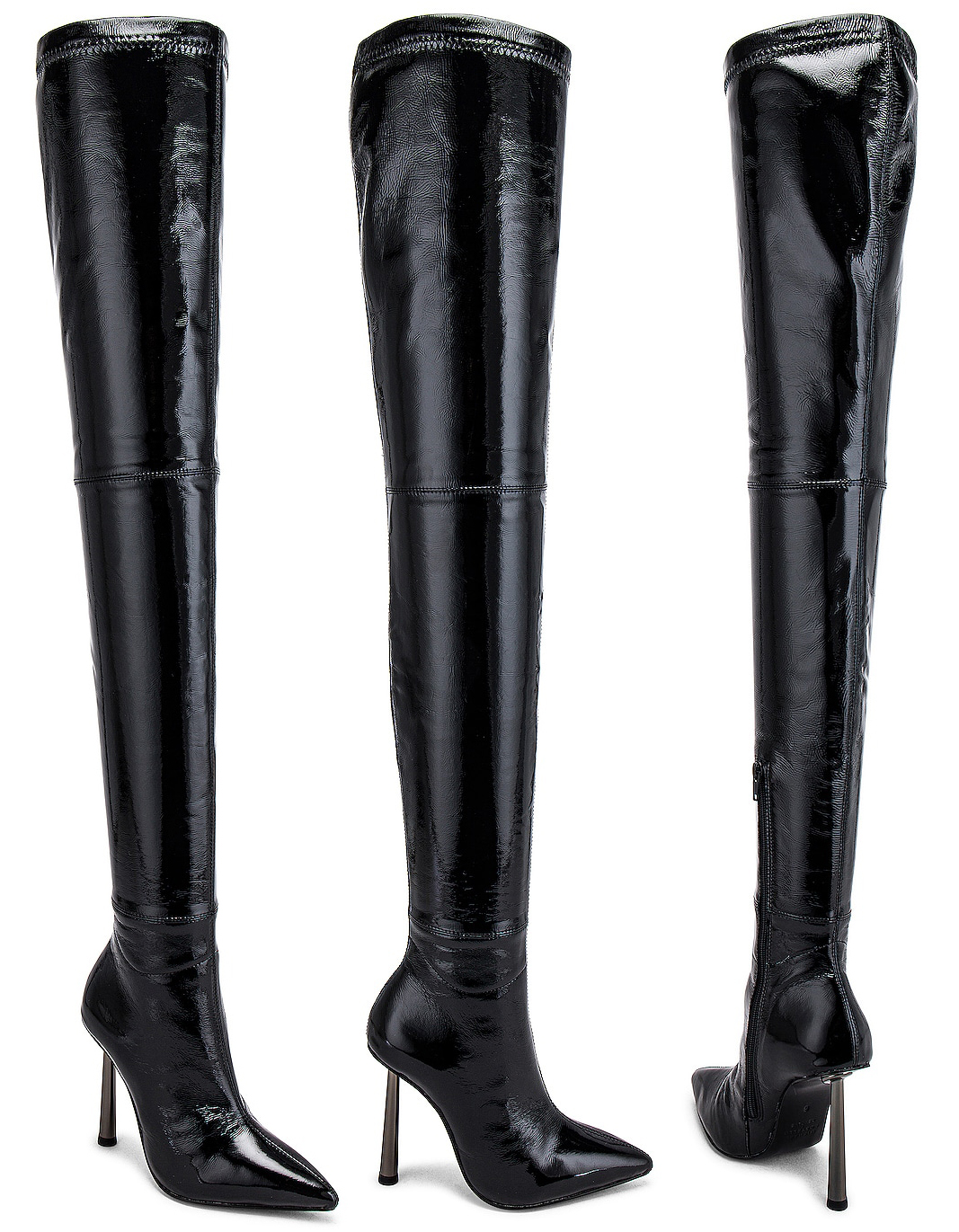 The Michael Costello x Revolve Marian boots are designed from supple patent leather with super high over-the-knee styling and metal heels