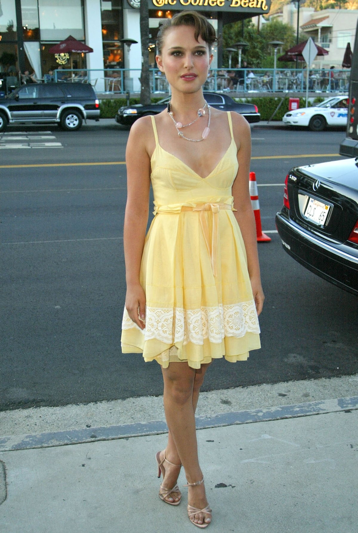 Natalie Portman flaunts her legs in a yellow dress at the premiere of "Garden State" at Directors Guild of America