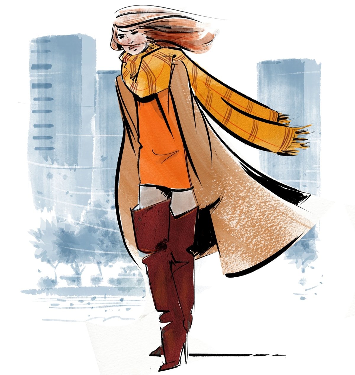 A young red-haired woman dressed in winter fashion with a warm coat, scarf, and over-the-knee boots