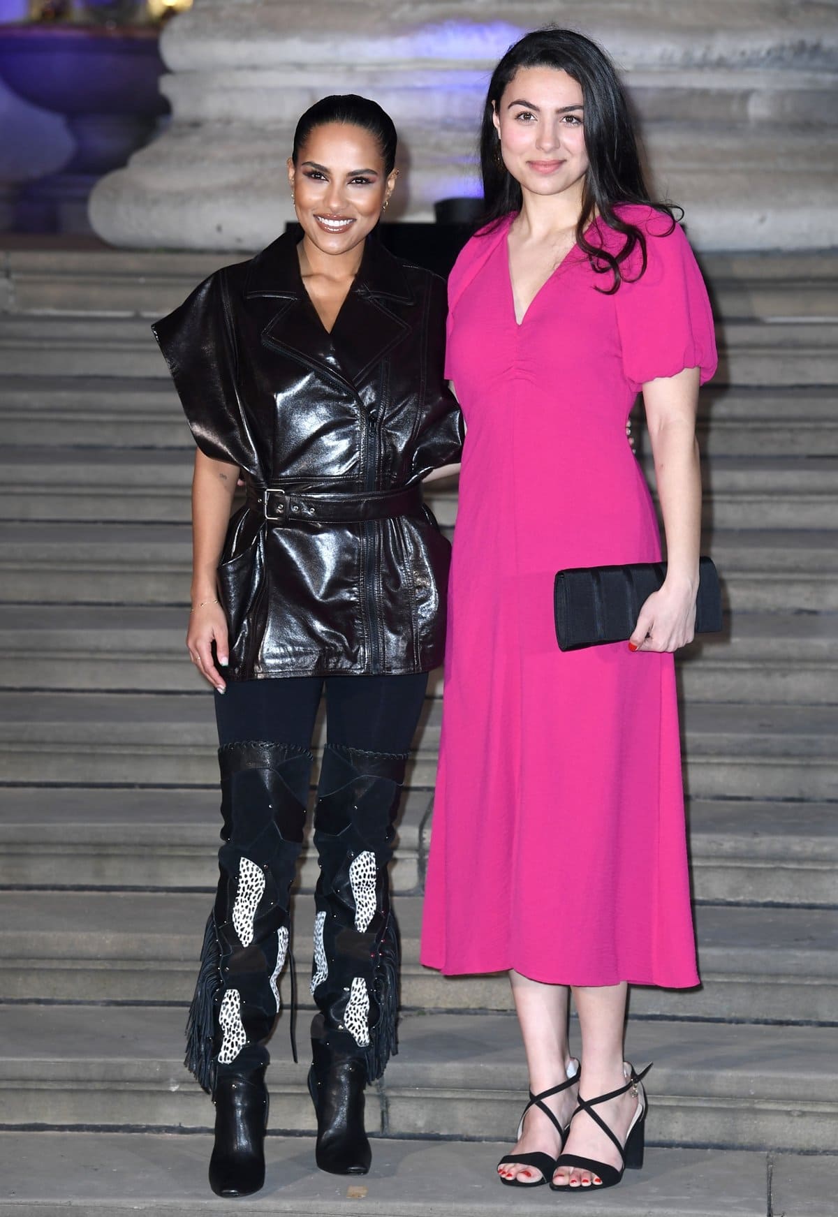 Saffron Hocking (L) and her much taller co-star Antonia Salib (R) attend the "Moon Knight" premiere
