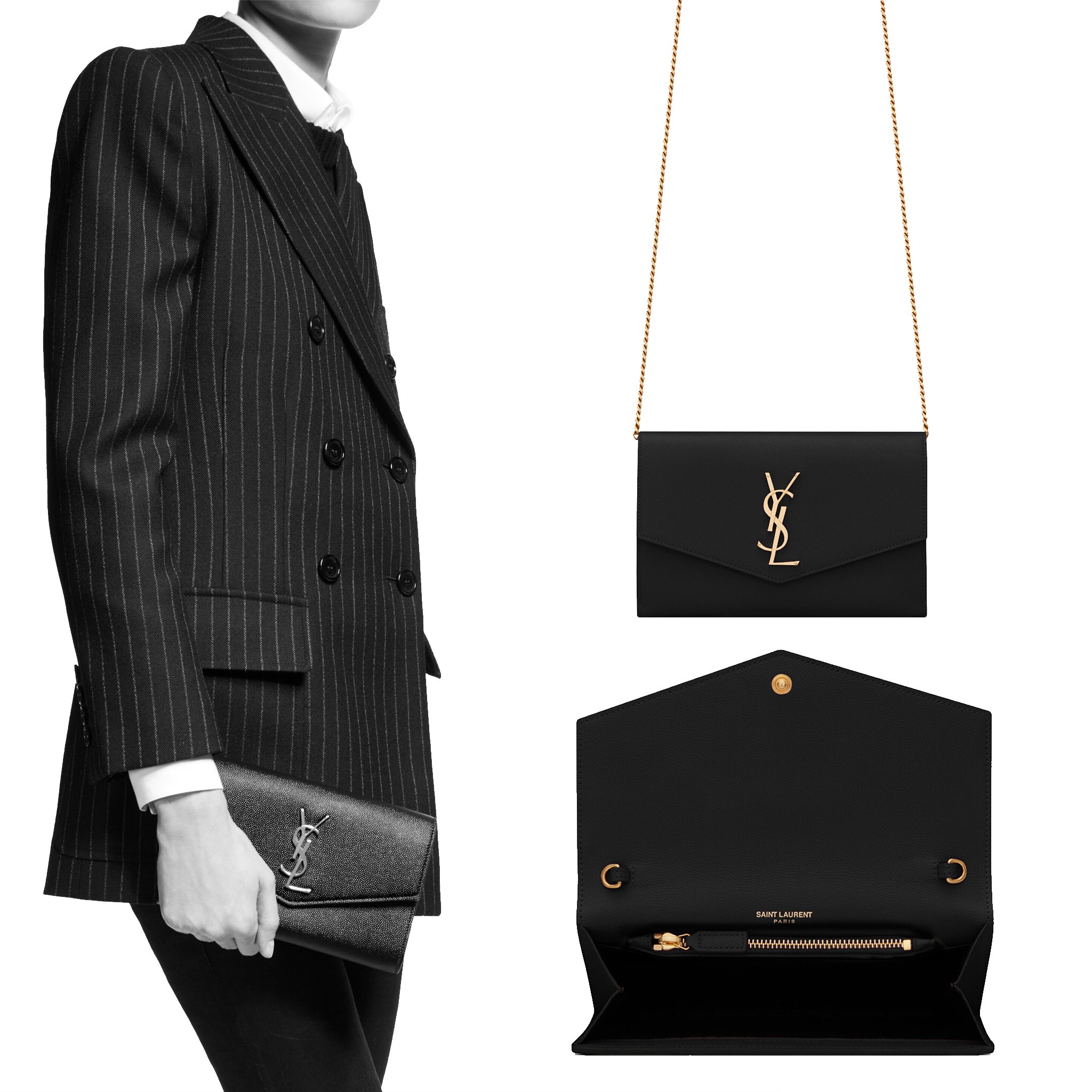 A wallet-on-chain bag, the Uptown is a mini envelop bag with YSL initials and a removable chain shoulder strap