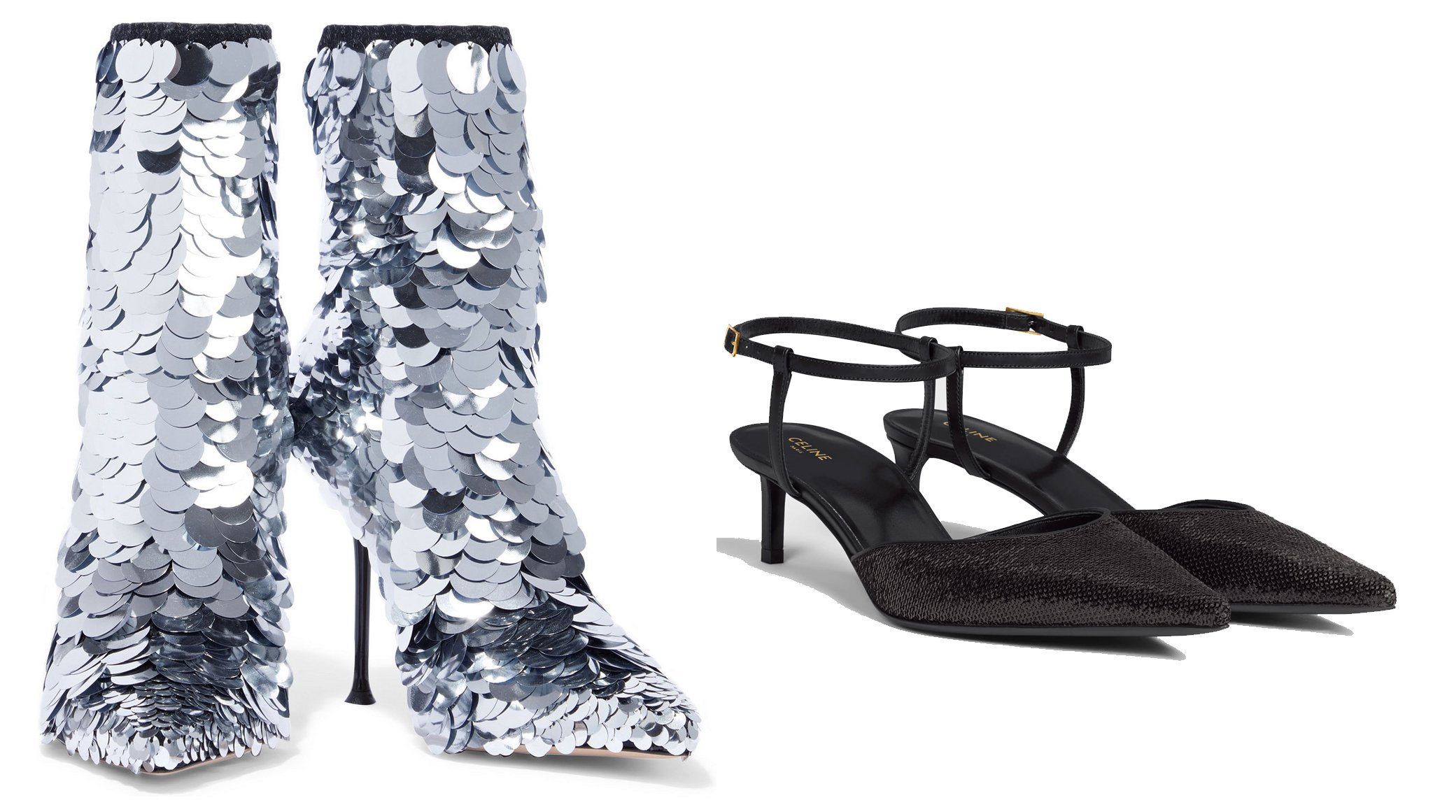 Sergio Rossi Sequined Stretch-Jersey Ankle Boots; Celine Kitten in Sequins