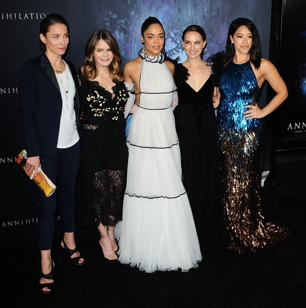 Actresses Tuva Novotny, Jennifer Jason Leigh, Tessa Thompson, Natalie Portman, and Gina Rodriguez attend the Los Angeles premiere of 